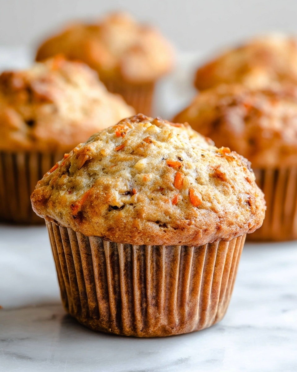 The image shows several muffins with a slightly rough, golden-brown top fresh out of the oven on a white marbled surface. One muffin is split open in the front, revealing a moist, light beige inside with an uneven, soft texture. Inside the muffin, thin orange carrot pieces and dark bits are visible throughout. The muffins are placed in white paper liners, adding a subtle pattern beneath the crust. The background is softly blurred, focusing attention on the muffins’ varied textures and colors, showing a homemade, rustic feel. photo taken with an iphone --ar 4:5 --v 7