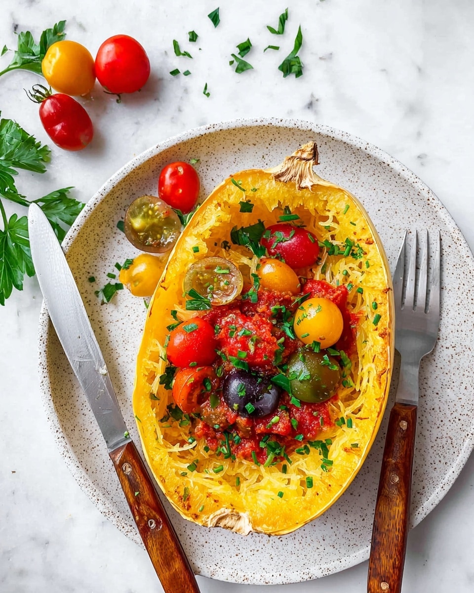 A white speckled plate holds a roasted half spaghetti squash with its soft, stringy, yellow flesh exposed and slightly browned on top. At the center, there is a colorful mix of halved cherry tomatoes in red, yellow, and dark purple shades, sitting on a layer of chunky red tomato sauce sprinkled with green chopped herbs and coarse salt. A small bunch of fresh green parsley leaves rests next to the squash on the plate, accompanied by a few whole cherry tomatoes in the same colors. A small silver fork with a wooden handle is on the upper left side of the plate, and a silver knife with a wooden handle lies on the right, placed on a white marbled surface. The photo taken with an iphone --ar 4:5 --v 7