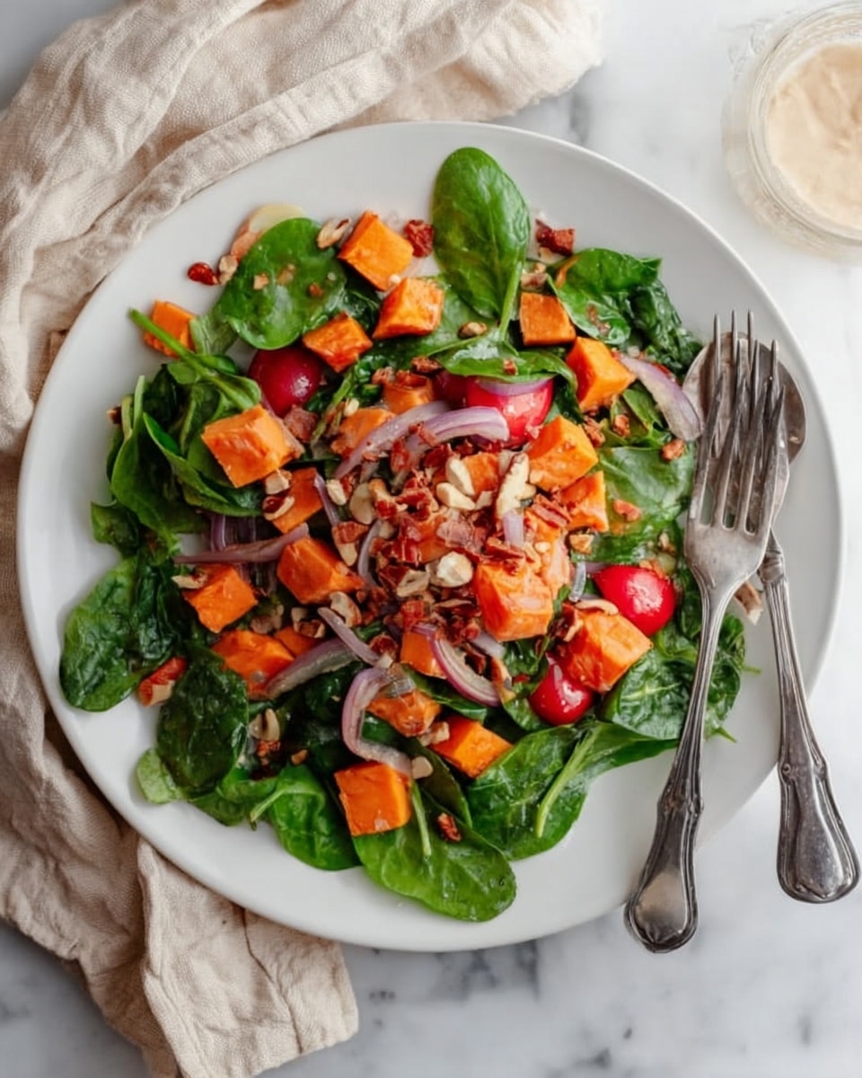 The image shows a white speckled plate filled with a colorful salad placed on a white marbled surface. The salad has three main layers starting with a base of fresh dark green spinach leaves. On top of the spinach, there are bright orange roasted sweet potato chunks and small halved red cherry tomatoes scattered evenly. Thin slices of pale purple onion and small pieces of light brown walnuts are spread over the salad. A fork is resting on the edge of the plate, and there is a glass jar partially visible in the upper right corner. The lighting is natural and bright, highlighting the fresh ingredients. Photo taken with an iphone --ar 4:5 --v 7