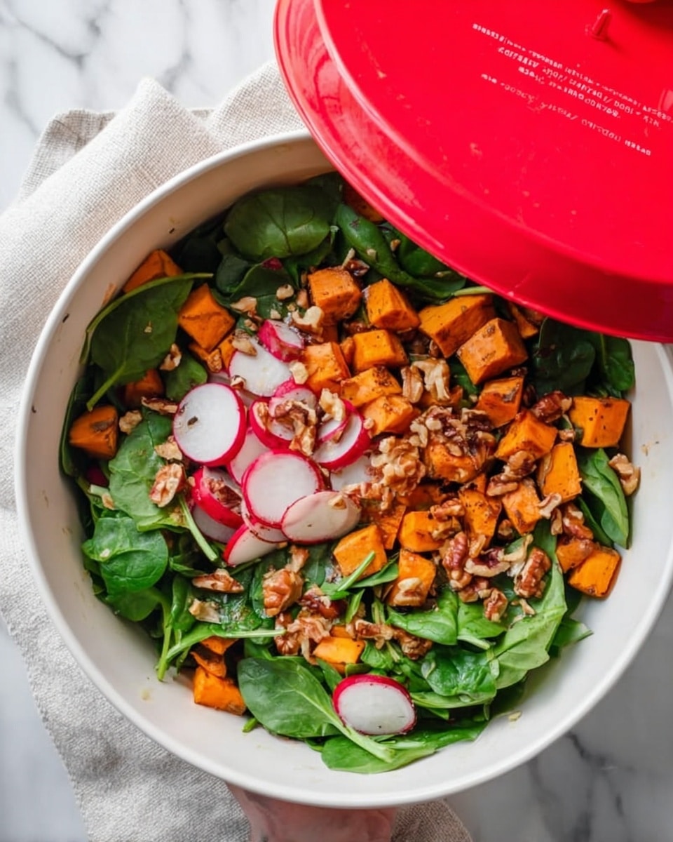 A white bowl filled with a salad made of bright green spinach leaves as the base layer. On top, there are chunks of orange roasted sweet potatoes scattered around. Thin slices of red radish and pale red onion are mixed in, adding light red and pink colors. Small pieces of brown walnuts are spread across the salad, adding texture. A bright red lid rests partially on the bowl, and the bowl is placed on a white marbled surface with a light grey cloth nearby. Photo taken with an iphone --ar 4:5 --v 7
