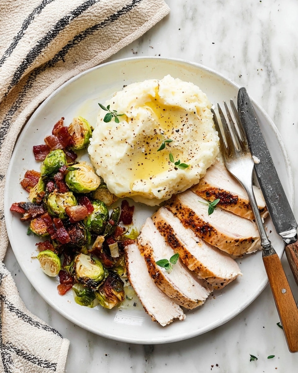 A white plate holds three main layers of food placed neatly side by side. On the left, there is a pile of cooked Brussels sprouts with deep green and brown colors mixed with small pieces of crispy, dark reddish bacon and light translucent onions. In the center, there is a scoop of white mashed potatoes topped with a yellow pat of melted butter and small black pepper specks. On the right, five slices of roasted chicken show a golden-brown outside with visible herbs and a white, juicy inside. A silver fork and a knife with a wooden handle rest on the right edge of the plate. The plate sits on a white marbled surface with a striped cloth napkin and scattered green herbs nearby. Photo taken with an iphone --ar 4:5 --v 7