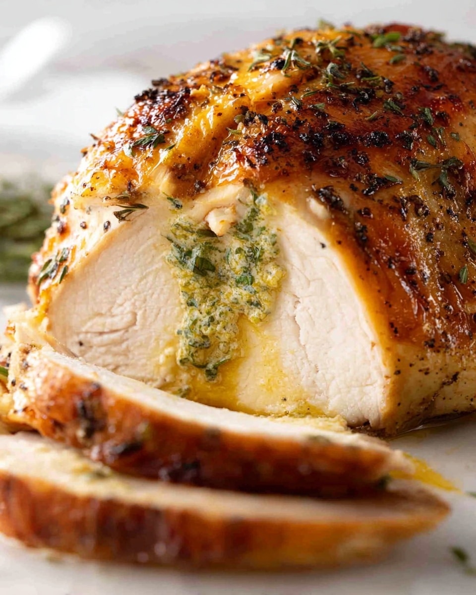 A close-up view of a thick slice of roasted chicken with a golden brown, crispy skin on top. Just below the skin, there is a thin layer of green herbs, and light chicken meat underneath the herb layer looks juicy and tender, with a slight drip of golden juices running down the side. In the foreground, there are a few thinner slices of the same roasted chicken, showing the texture and moistness. The entire scene is set on a white marbled surface. photo taken with an iphone --ar 4:5 --v 7