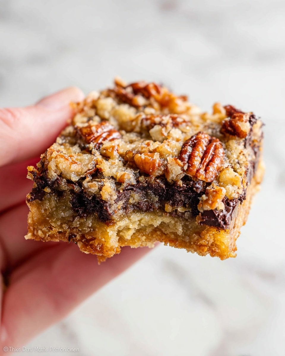 A close-up of a square dessert bar held by a woman's hand, showing three main layers. The bottom layer is a light tan, crumbly crust that looks firm and slightly crumbly. The middle layer is a sticky, golden caramel filling that shines with a glossy texture. The top layer is a rough mix of chopped nuts, mostly pecans, with dark spots of melted chocolate scattered throughout, giving it a textured, crunchy look. The background is a white marbled texture, making the colors of the dessert pop clearly. photo taken with an iphone --ar 4:5 --v 7