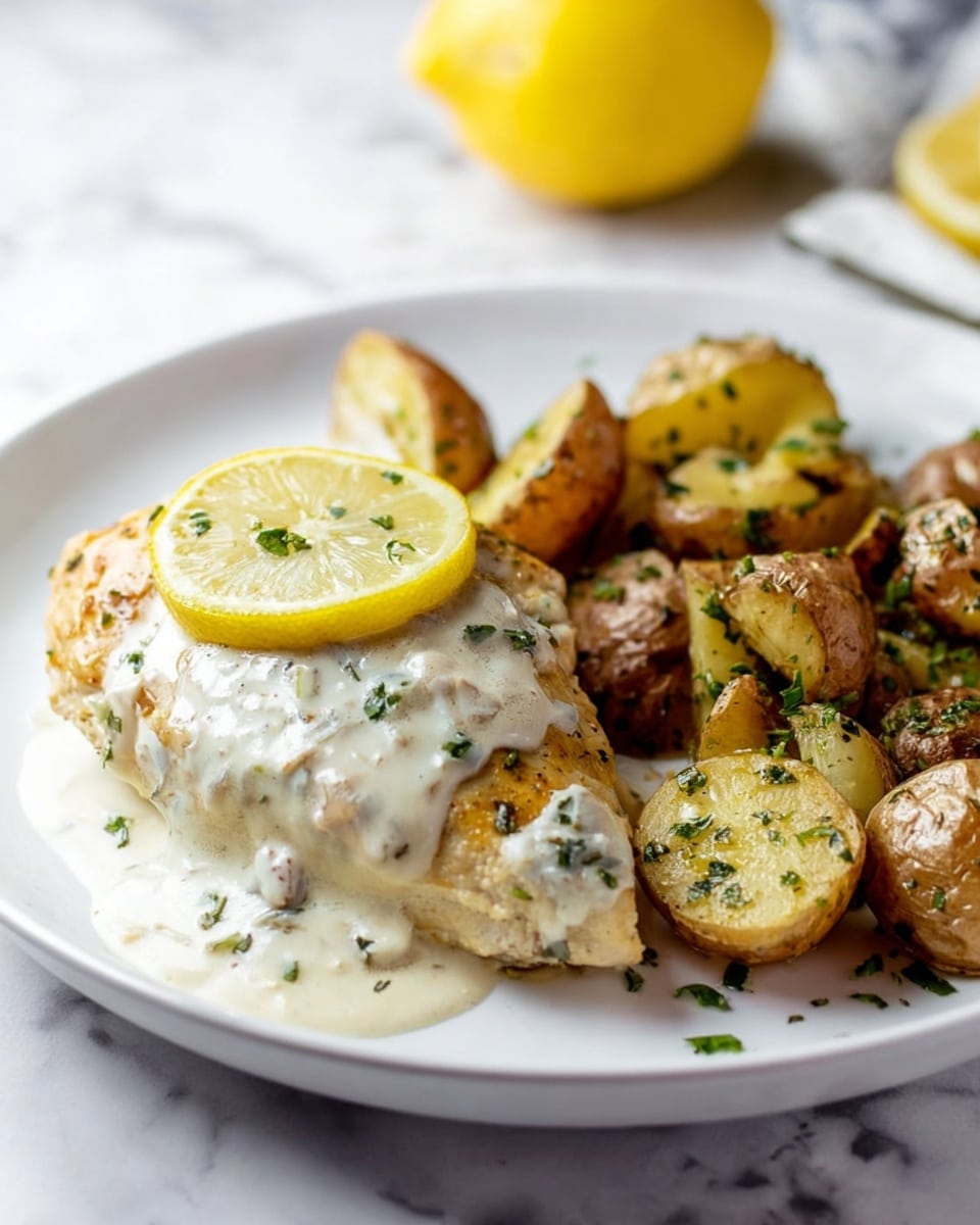 The dish shows one thick, cooked piece of white fish covered with a light creamy white sauce with small green herb pieces, placed slightly to the left on a white plate. A thin slice of lemon with a bright yellow color and some green herbs sits on top of the fish near the top left. On the right side of the plate, there are many small, roasted baby potatoes cut in half, with golden brown and crispy edges, sprinkled with herbs. The background is a white marbled texture, and part of a lemon is slightly visible at the back of the plate. photo taken with an iphone --ar 4:5 --v 7