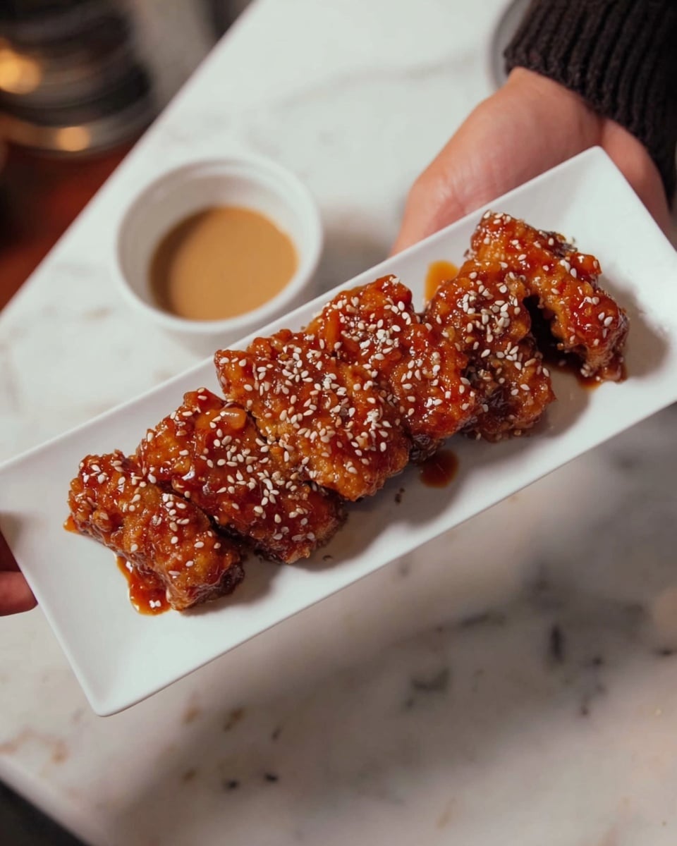 A white rectangular plate holds a neat row of seven fried chicken pieces covered in a shiny reddish-brown sauce, sprinkled with small white sesame seeds on top. The chicken pieces look crispy under the sauce, which gives a glazed texture. A woman's hand is holding the plate from the right side. The plate is set on a white marbled surface with a small white cup containing a light brown sauce blurred in the background. photo taken with an iphone --ar 4:5 --v 7