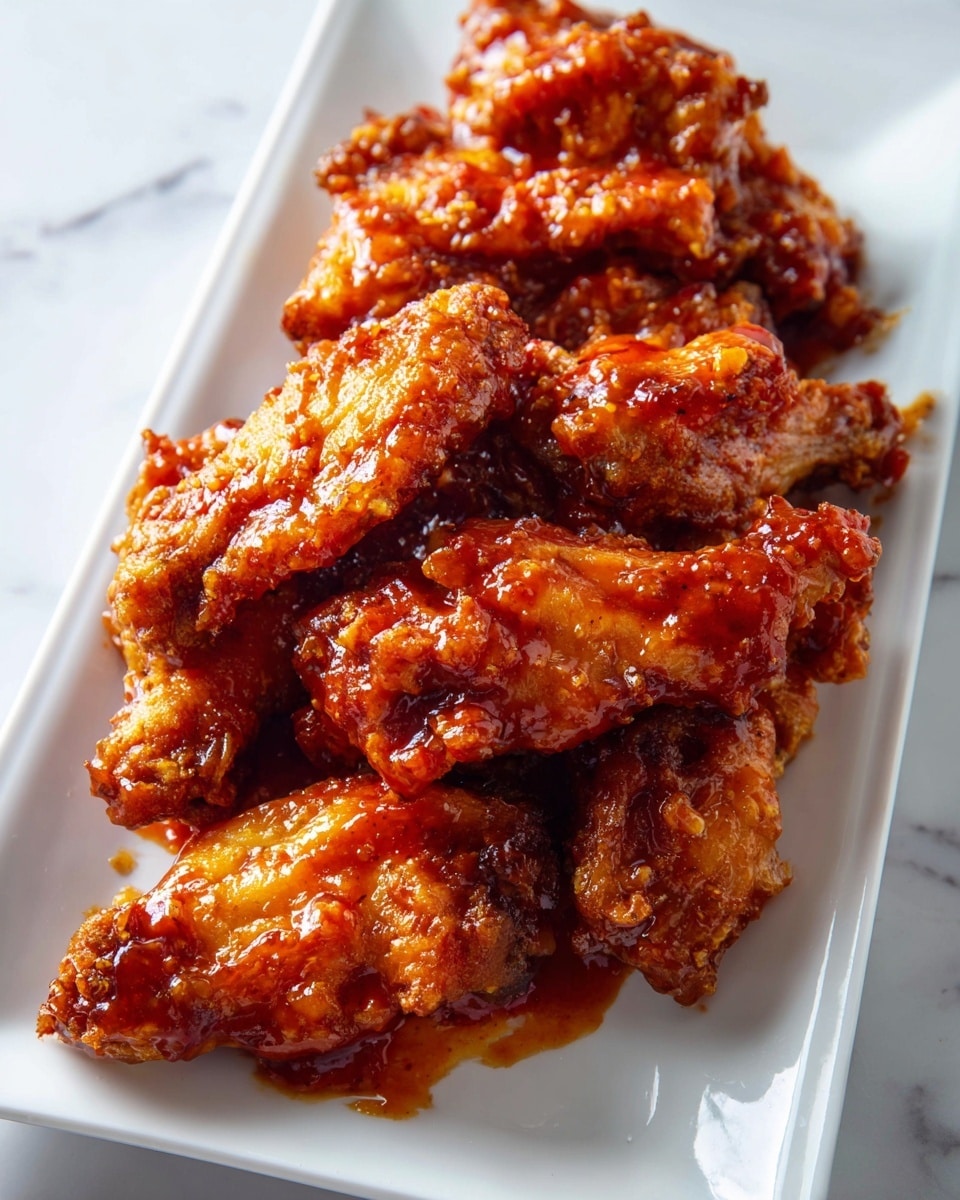 A clear square plate holds a pile of chicken wings covered in a shiny, thick red sauce. The wings are stacked in a small mound, showing a crispy texture underneath the glossy sauce. The plate sits on a table with a white marbled texture. Photo taken with an iphone --ar 4:5 --v 7