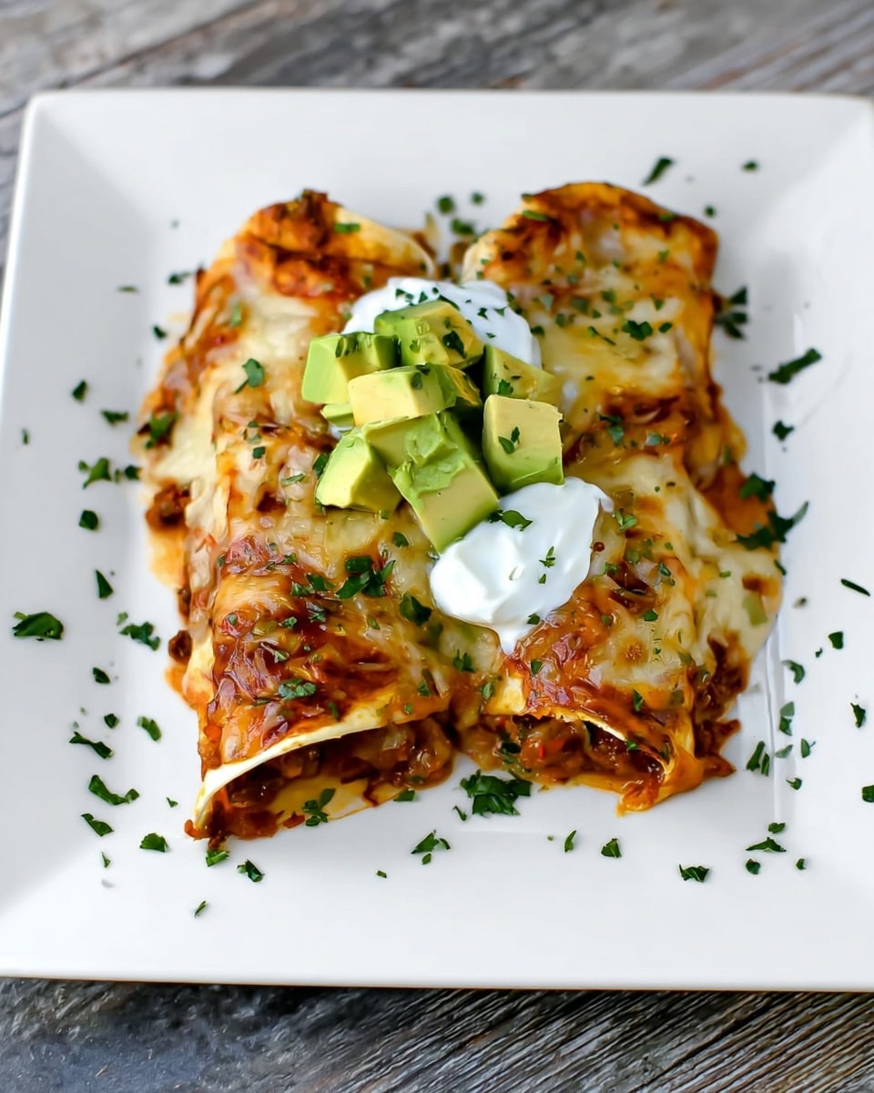 A white square plate holds three stuffed folded tortillas filled with melted yellow cheese and a mix of brown beans and sauce, layered closely together. On top of the tortillas, there are chunks of green avocado and dollops of white sour cream, sprinkled with small green herb pieces scattered on the plate and food. The plate is set on a white marbled surface. Photo taken with an iphone --ar 4:5 --v 7