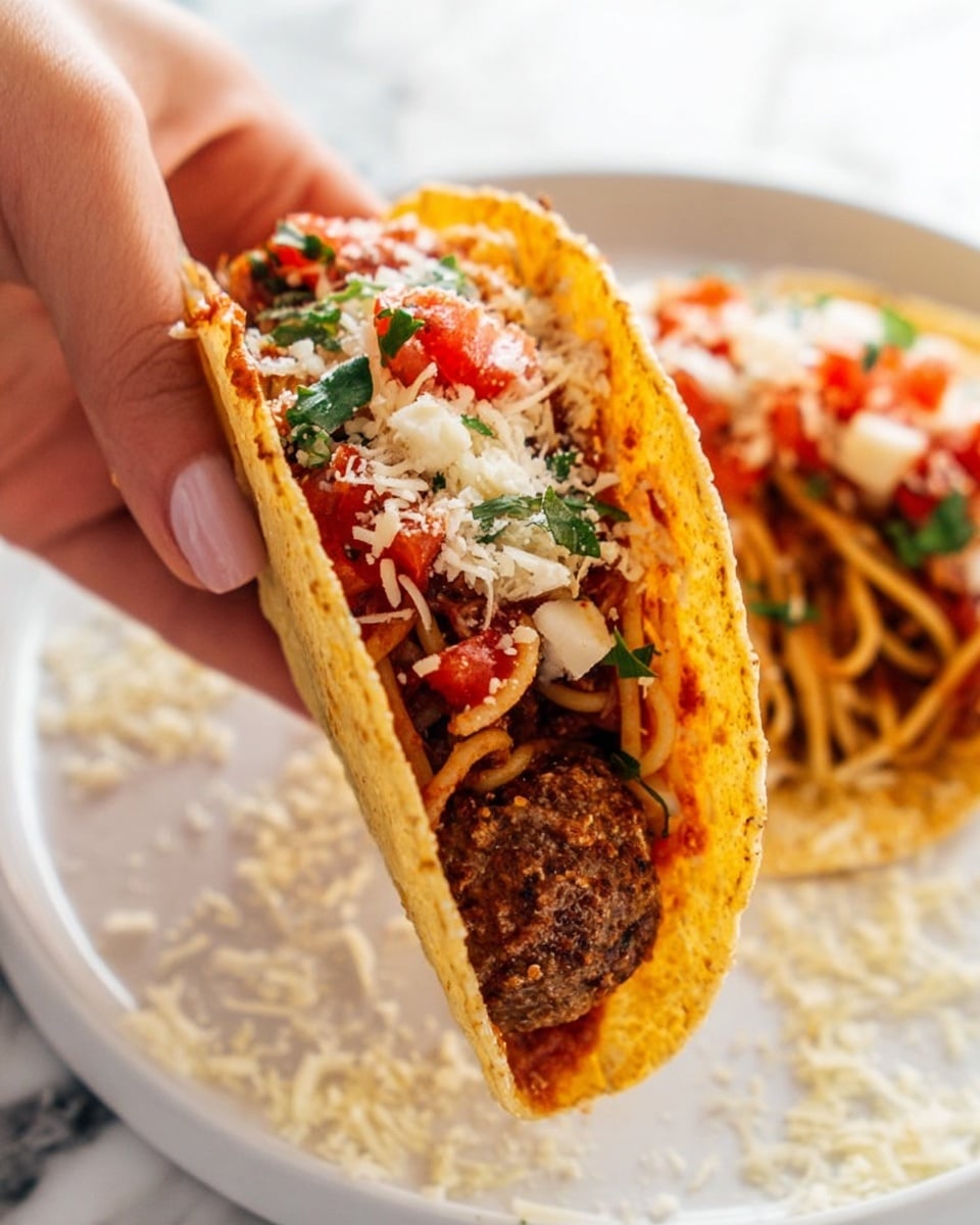 A close-up image shows a woman's hand holding a taco, which has a soft yellow tortilla shell filled with spaghetti noodles mixed with tomato sauce, fresh herbs, and chunks of white cheese. Inside the tortilla is also a brown meatball nestled near the bottom center. In the background, there is another taco on a white plate sprinkled with grated cheese and diced tomatoes. The scene is set on a white marbled surface with scattered bits of grated cheese around. Photo taken with an iphone --ar 4:5 --v 7