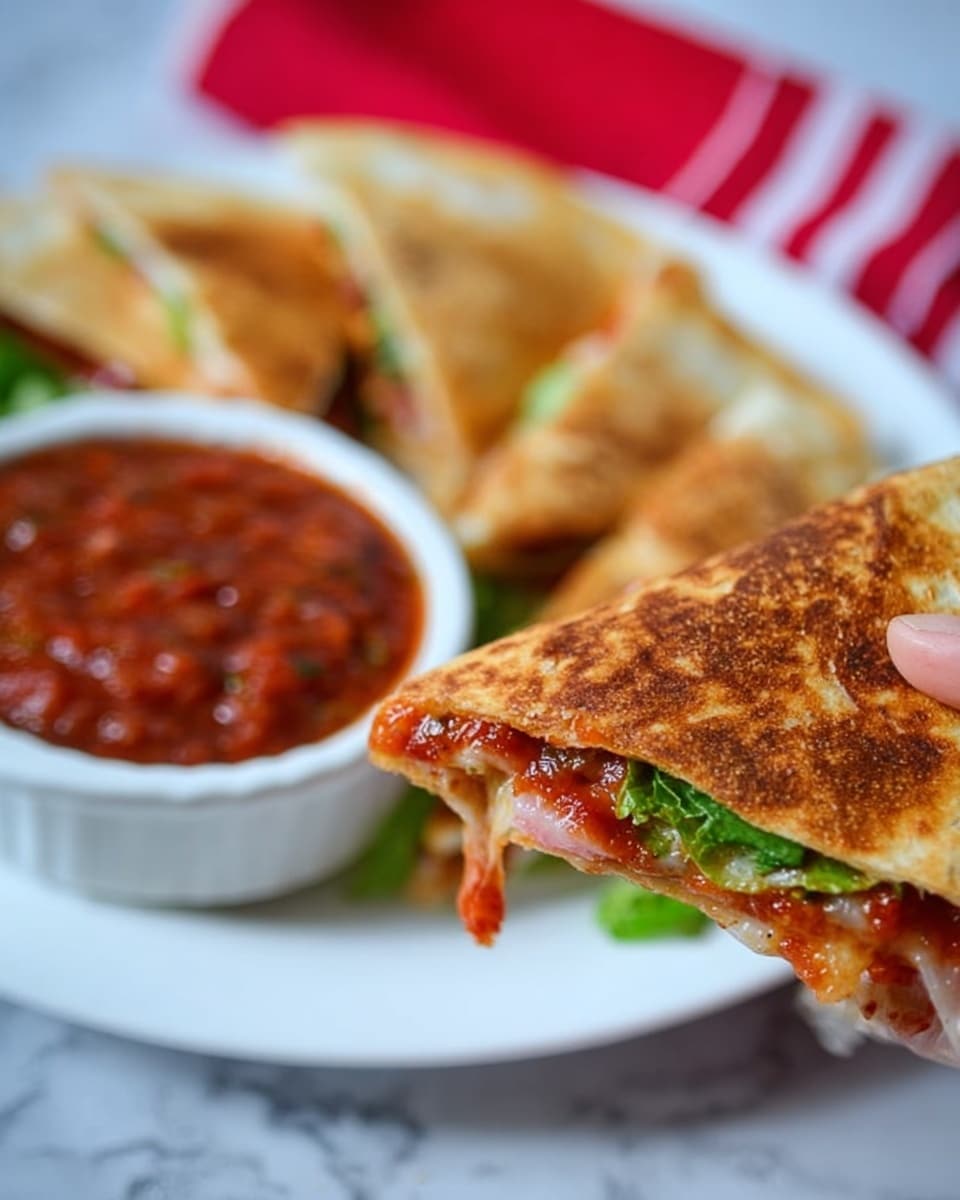 The image shows a close-up of a triangular quesadilla piece with a golden brown, toasted outer layer and some melted cheese and vegetables barely visible along the edge. The quesadilla piece is held by a woman's hand and has bright red chunky salsa sauce spread on the top corner. Underneath the woman's hand, there is a white plate with more quesadilla pieces stacked lightly, showing layers of melted cheese and bits of tomato and green vegetables inside. Next to the quesadilla pieces, there is a white bowl filled with more red salsa sauce. The whole setup sits on a white marbled surface with a red woven cloth partly visible in the background. photo taken with an iphone --ar 4:5 --v 7