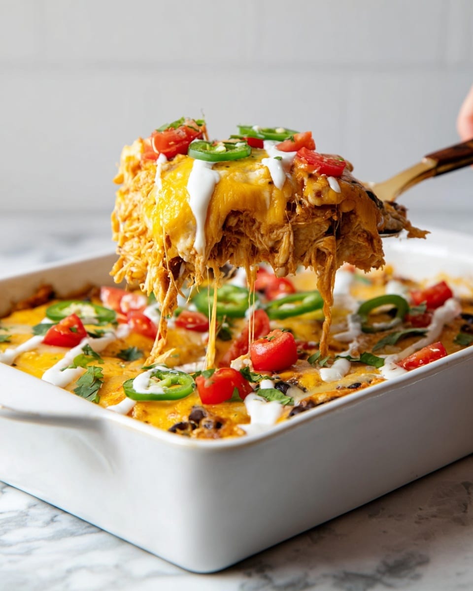A close-up of a slice of layered casserole being lifted from a white baking dish on a white marbled surface. The casserole has three main layers: the bottom layer shows a mix of chicken and beans in a creamy sauce, the middle layer is soft yellow corn tortillas, and the top layer is melted bright orange cheddar cheese. On top of the cheese, there are pieces of diced red tomatoes and green jalapeño slices with some fresh green herbs. White sour cream drizzle covers the top in thin lines. A long strand of melted cheese stretches down from the lifted slice. Photo taken with an iphone --ar 4:5 --v 7