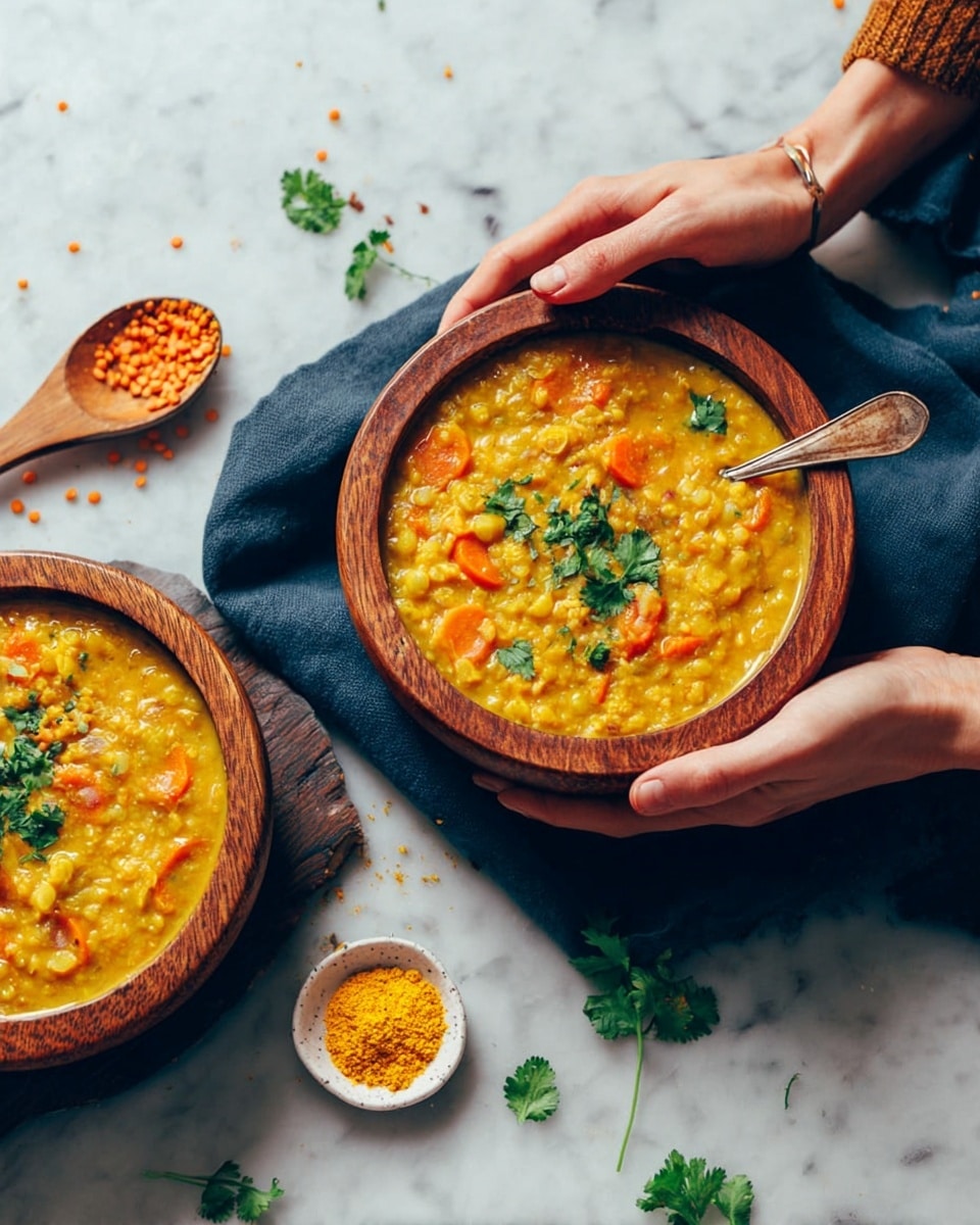 The image shows two wooden bowls of thick yellow lentil stew with visible chunks of orange carrots, placed on a white marbled surface. The stew has a slightly creamy texture with some green cilantro leaves on top. One bowl is held by a woman's hand, with a spoon scooping some stew from it. The other bowl rests on a blue cloth. Nearby, there is a small white bowl with ground turmeric and a metal cup filled with red lentils. Scattered cilantro leaves and lentils add to the casual, natural setting. Photo taken with an iphone --ar 4:5 --v 7