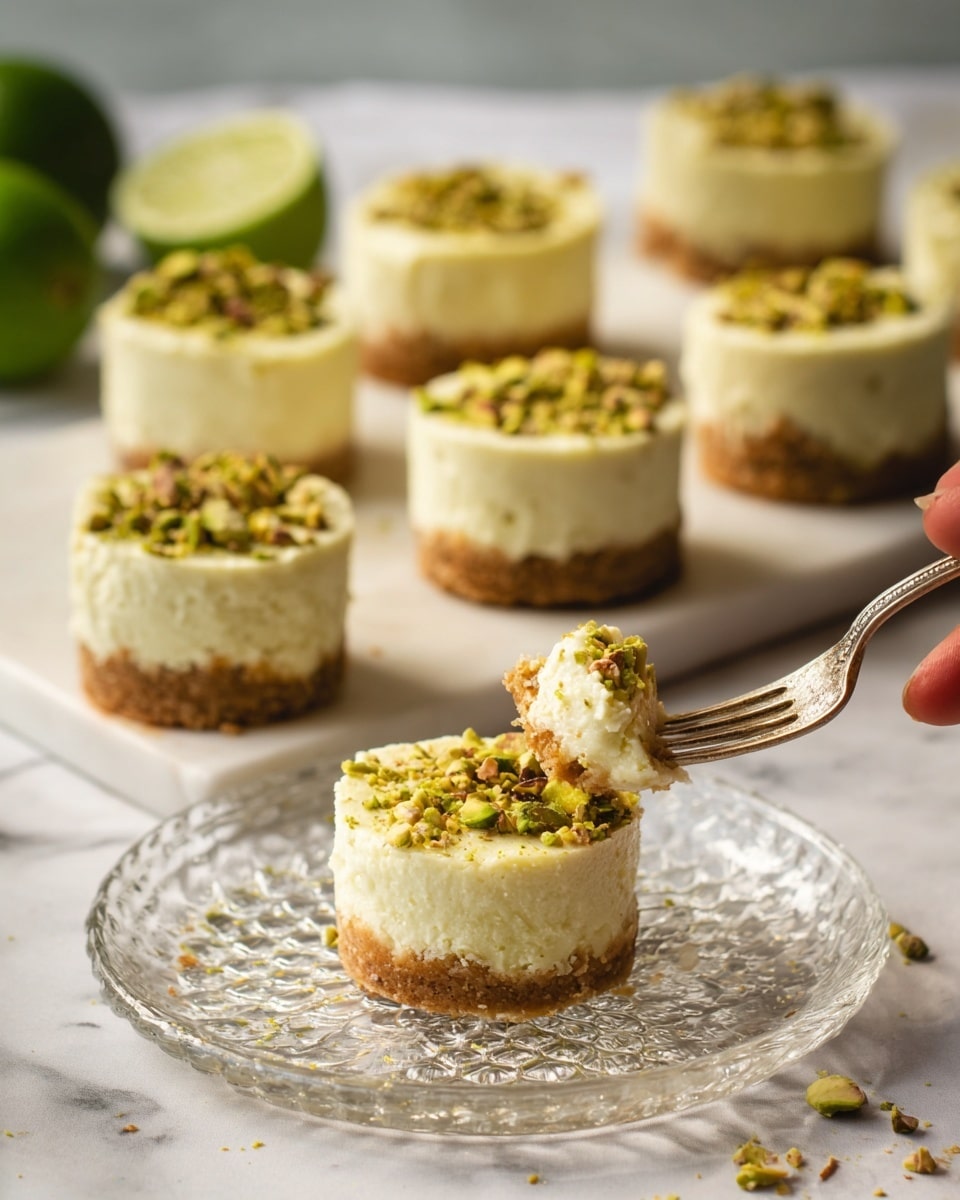 The image shows a round mini cheesecake with two visible layers: a bottom layer of light brown crumbly crust and a thick top layer of creamy pale green cheesecake. The cheesecake is topped with small chopped pistachios that add texture and greenish-yellow color. The mini cheesecake is placed on a clear textured glass plate, with a small spoon holding a bite of the dessert beside it. In the background, a white plate holds several more mini cheesecakes arranged evenly, all with the same layers and pistachio topping. The scene is set on a white marbled surface with a soft, neutral backdrop, and a white cloth is partially visible near the glass plate. Photo taken with an iphone --ar 4:5 --v 7