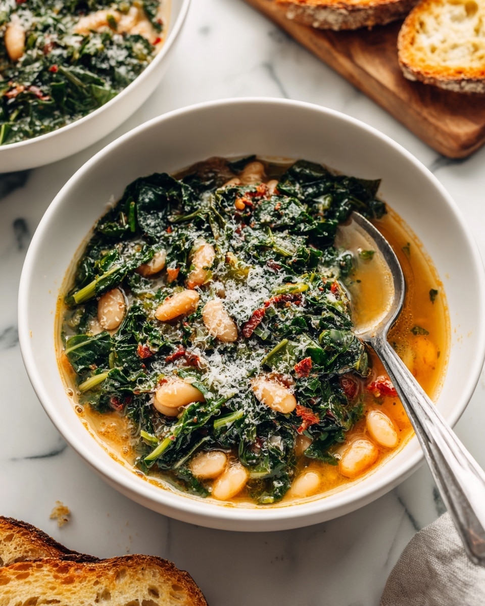 A white bowl filled with creamy braised beans and greens is shown from above, with three main layers visible. The bottom layer is a shallow pool of light brown broth that covers the base of the bowl. The middle layer has a mix of soft white beans and finely chopped dark green leafy vegetables spread evenly across the bowl. The top layer features small pieces of red sun-dried tomatoes and a sprinkle of finely grated cheese that adds a light texture and color contrast. A silver spoon is partially submerged in the bowl, resting on the right side. The bowl is placed on a white marbled surface with a wooden board holding toasted slices of rustic bread and a grater with a piece of cheese visible in the corners. Photo taken with an iphone --ar 4:5 --v 7