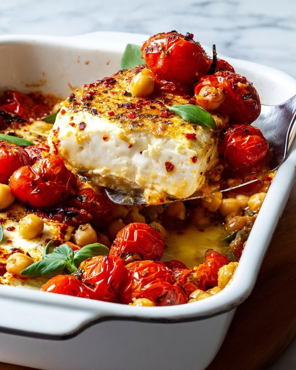 The image shows a white baking dish filled with roasted chickpeas, sautéed red cherry tomatoes that look soft and slightly charred, and thick slices of browned, creamy white cheese on top. The chickpeas are golden and scattered around the dish. Fresh green basil leaves are placed among the tomatoes and chickpeas. A silver spoon is lifting a thick slice of the cheese with a roasted tomato on top, revealing the warm, soft texture of the cheese underneath. The dish is set on a white marbled surface with soft lighting that highlights the vibrant reds, greens, and creamy whites. Photo taken with an iphone --ar 4:5 --v 7