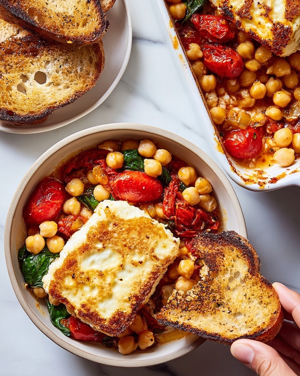 A round white bowl is filled with a vibrant mix of chickpeas, bright roasted cherry tomatoes, and fresh green spinach. On top sits a thick, golden-brown piece of grilled cheese with a slightly crispy texture, showing small specks of seasoning. To the right, torn toasted bread pieces with a warm brown crust rest on a white marbled surface. Above the bowl, a woman's hand holds another piece of toasted bread, dipping it into a white rectangular dish that is also full of chickpeas and roasted cherry tomatoes. Photo taken with an iphone --ar 4:5 --v 7