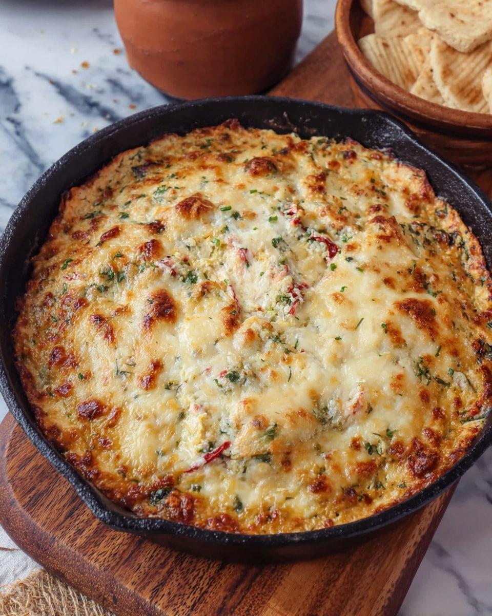 A single-layer baked dish in a black cast iron pan, showing a thick golden-brown cheese crust on top with some browned spots. Under the cheese layer, you can see bits of green herbs and small pieces of red vegetables mixed into a creamy base. The surface has a slightly uneven texture with melted cheese strands and a bubbly look. The pan rests on a light wooden board with some white marbled texture visible nearby. Photo taken with an iphone --ar 4:5 --v 7