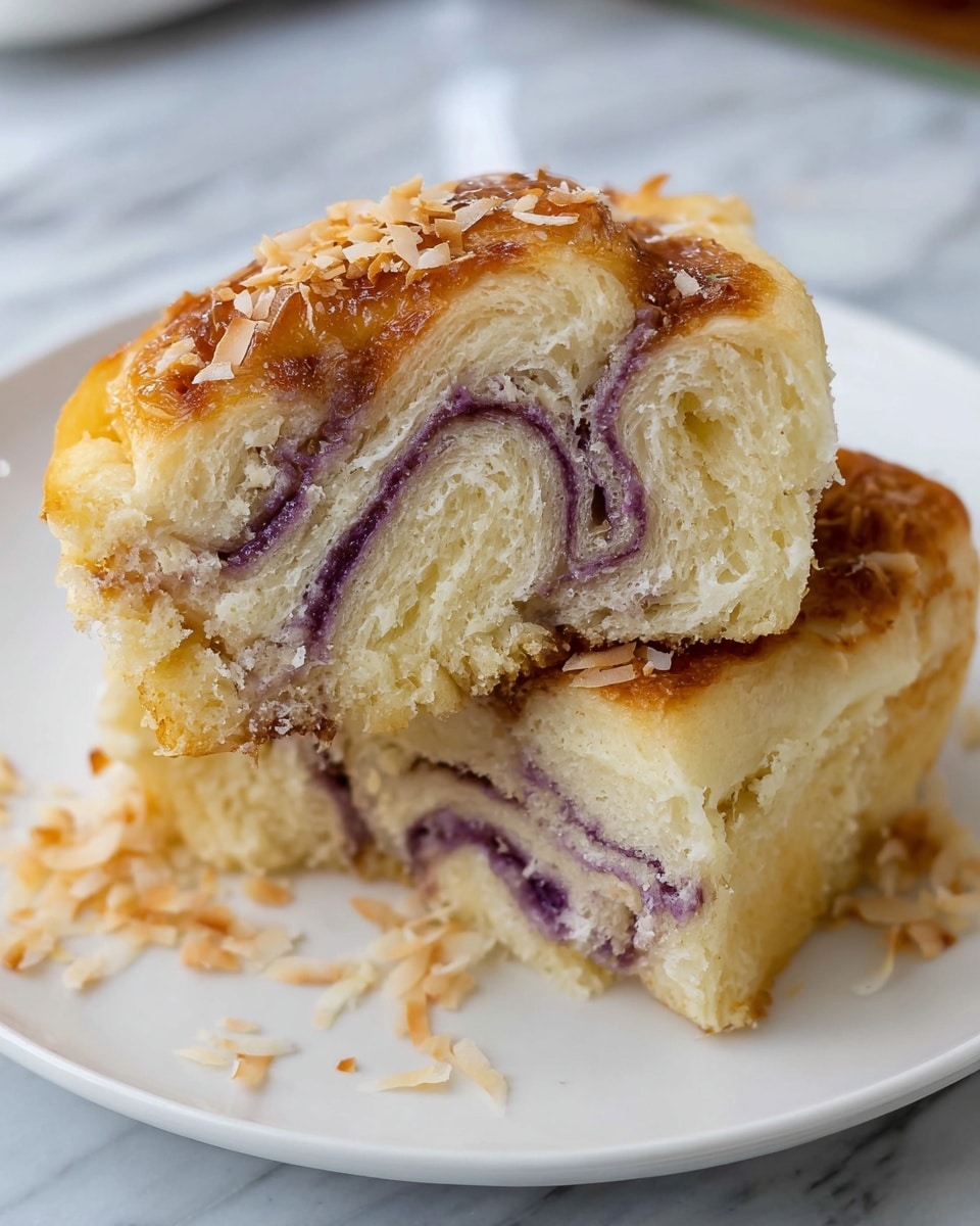 Two pieces of soft, light beige bread roll are layered with swirls of smooth purple filling inside. The bread shows a fluffy, airy texture with visible pores, and the purple filling wraps through in thin ribbons adding a vibrant contrast. The base has a golden-brown crust with crispy looking bits underneath the bread pieces. This is all served on a plain white plate on a white marbled surface. photo taken with an iphone --ar 4:5 --v 7