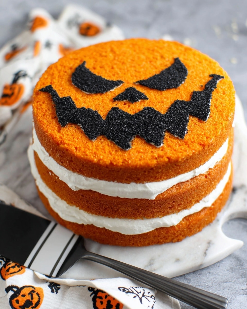 A three-layer cake with bright orange sponge layers and thick white frosting between each layer sits on a white cake stand. The top layer shows a black design resembling a Halloween jack-o’-lantern face, with sharp eyes and a jagged mouth. A slice of this cake is placed on a white plate in front, showing the same layered structure with vibrant orange and white cream. The background shows a white cloth with small orange pumpkin prints and white measuring spoons. The surface is a white marbled texture. Photo taken with an iphone --ar 4:5 --v 7