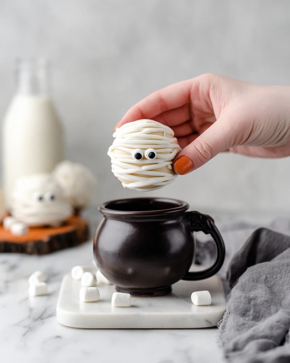 A woman's hand is holding a round white treat designed to look like a mummy, with white icing stripes wrapped around it and two small edible eyes peeking through. Below the treat is a dark brown rustic cup with a handle, placed on a white marble surface. Around the cup are small white marshmallows scattered on the surface, and in the background, there is a white bottle and a larger dark container, all set against a white marbled texture. Photo taken with an iphone --ar 4:5 --v 7