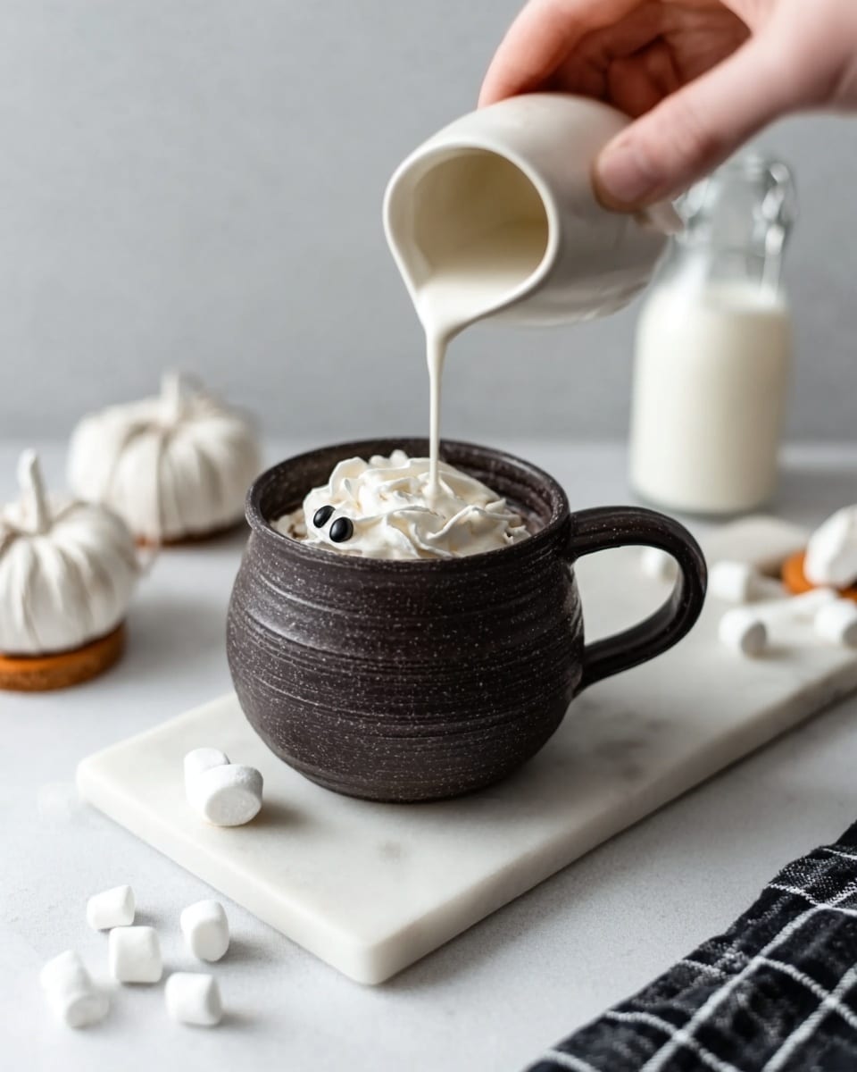 The image shows a dark brown ceramic mug placed on a white marble slab, filled with white whipped cream at the bottom layer. A woman's hand is pouring white milk from a small white jug into the mug, creating a smooth middle layer of liquid milk. The background features a white marbled surface scattered with small white mini marshmallows and cream-colored meringue cookies with white string decorations. There is also a soft gray and white checkered cloth on the right side. The scene has a light, cozy feel with soft natural light. photo taken with an iphone --ar 4:5 --v 7