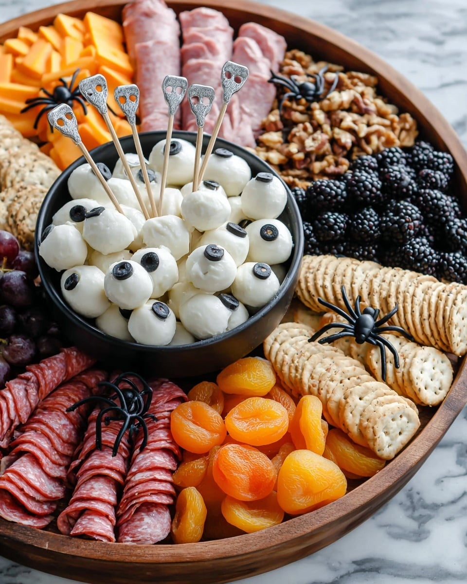 A round wooden board holds a colorful Halloween-themed charcuterie. In the center, a black bowl is filled with white cheese balls, each topped with a small black olive piece to look like eyes. Four small skeleton bone forks rest in the bowl. Around the bowl, there are layers of food: orange rounds of cheddar cheese with small spider decorations on the left, black blackberries next to the cheese, beige ring-shaped crackers on top, rolled pink ham slices arranged like flowers near the middle, a bunch of dark olives below the ham, light-colored crackers with specks near the right, folded pepperoni slices layered along the bottom right, chunks of orange cheese near the bottom right, and scattered walnut halves. The entire setup is on a white marbled surface photo taken with an iphone --ar 4:5 --v 7