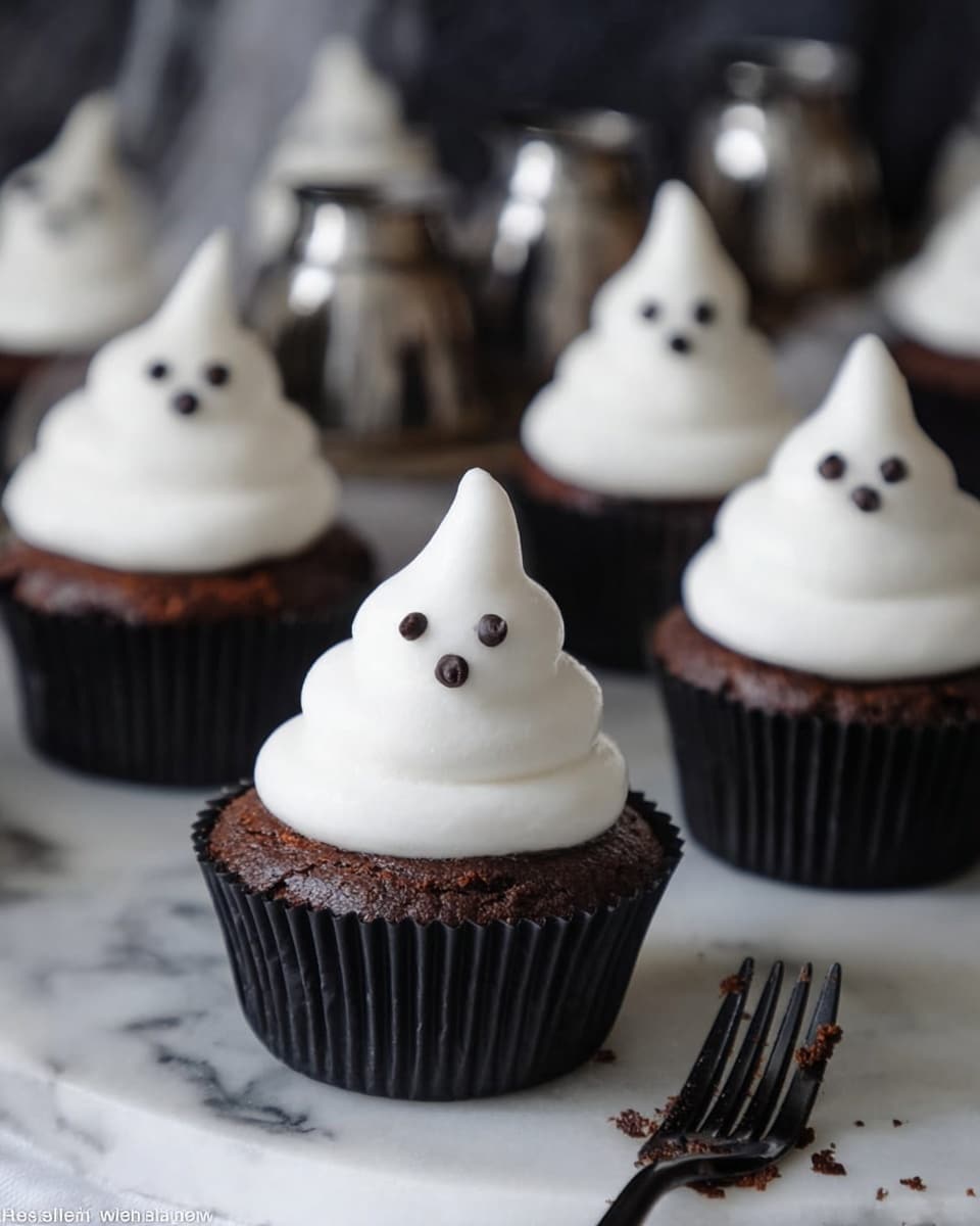 A close-up view of a chocolate cupcake with three layers: the bottom is a dark, moist chocolate cake in a black paper liner, the middle is a dented white whipped frosting shaped like a small ghost with smooth texture and a pointed top, and the top layer features three small dark chocolate drops acting as eyes and a mouth on the frosting. The cupcake sits on a white marbled surface, surrounded by other similar cupcakes in the background, all with the same white ghost-shaped frosting and chocolate drops. A black fork is placed near the cupcake in the foreground. Photo taken with an iphone --ar 4:5 --v 7