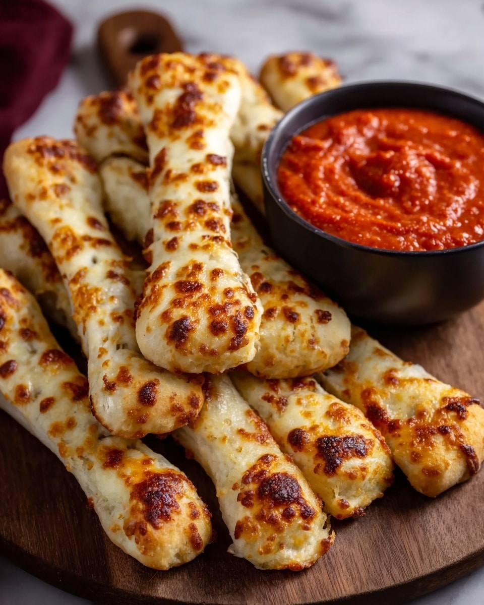 A white wooden board holds a pile of nine bone-shaped breadsticks with a light golden brown crust and melted cheese spots on the surface, giving a bubbly and slightly crisp texture. To the right side of the board is a white bowl filled with thick, bright red tomato sauce that has a chunky texture. The background is a white marbled texture, softly blurred to keep focus on the breadsticks and sauce. Photo taken with an iphone --ar 4:5 --v 7