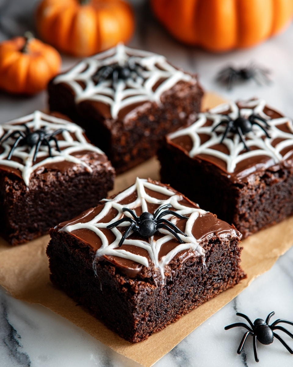 The image shows four square chocolate brownies on a piece of brown parchment paper over a white marbled surface. Each brownie has a smooth, dark brown base layer with a slightly textured, moist inside. On top is a thin, glossy layer of chocolate icing, overlaid with a white icing spiderweb design that extends across the surface. In the center of each spiderweb is a small, black, plastic spider decoration. Around the brownies, there are small orange pumpkin decorations and some black plastic spiders blurred in the background. The lighting is soft, highlighting the rich textures of the brownies and the shiny icing. photo taken with an iphone --ar 4:5 --v 7