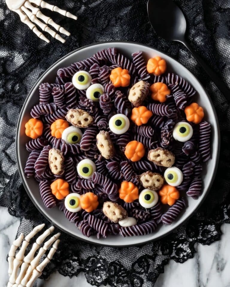 Halloween Pasta Salad with Skull Mushrooms and Mozzarella Eyeballs Recipe