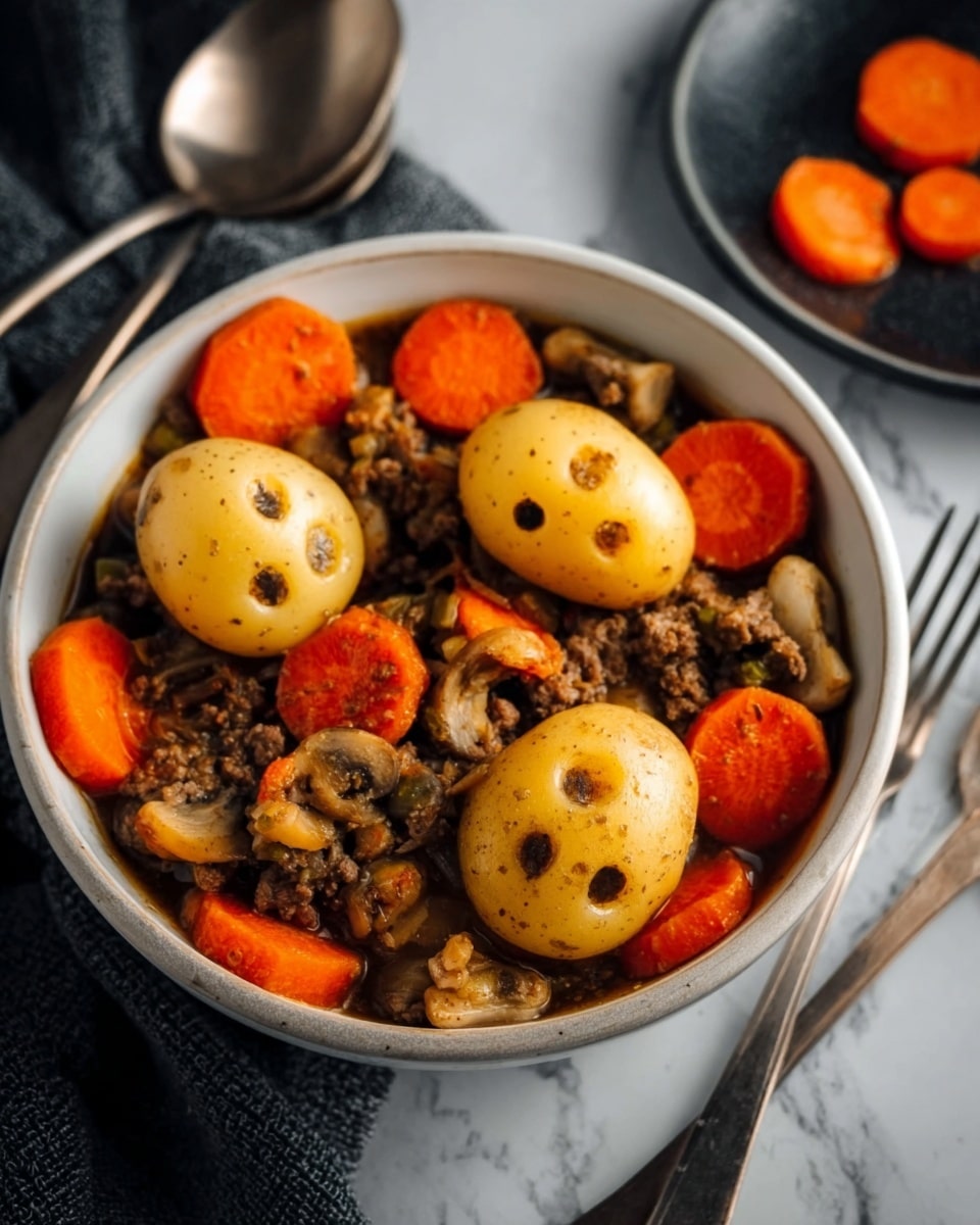 A large white pot with green handles sits on a white marbled surface, filled with a dark brown stew. The stew has about three layers visible: a thin oily brown layer on top, scattered with round yellow potatoes marked with small black spots; bright orange carrot slices shaped like flowers; and chunks of crumbled cooked meat. Two green bay leaves float on the surface. Around the pot on the white marbled surface are small white and orange pumpkins, white garlic bulbs, two small white felt ghost shapes, and a felt garland made of white and orange balls. Photo taken with an iphone --ar 4:5 --v 7