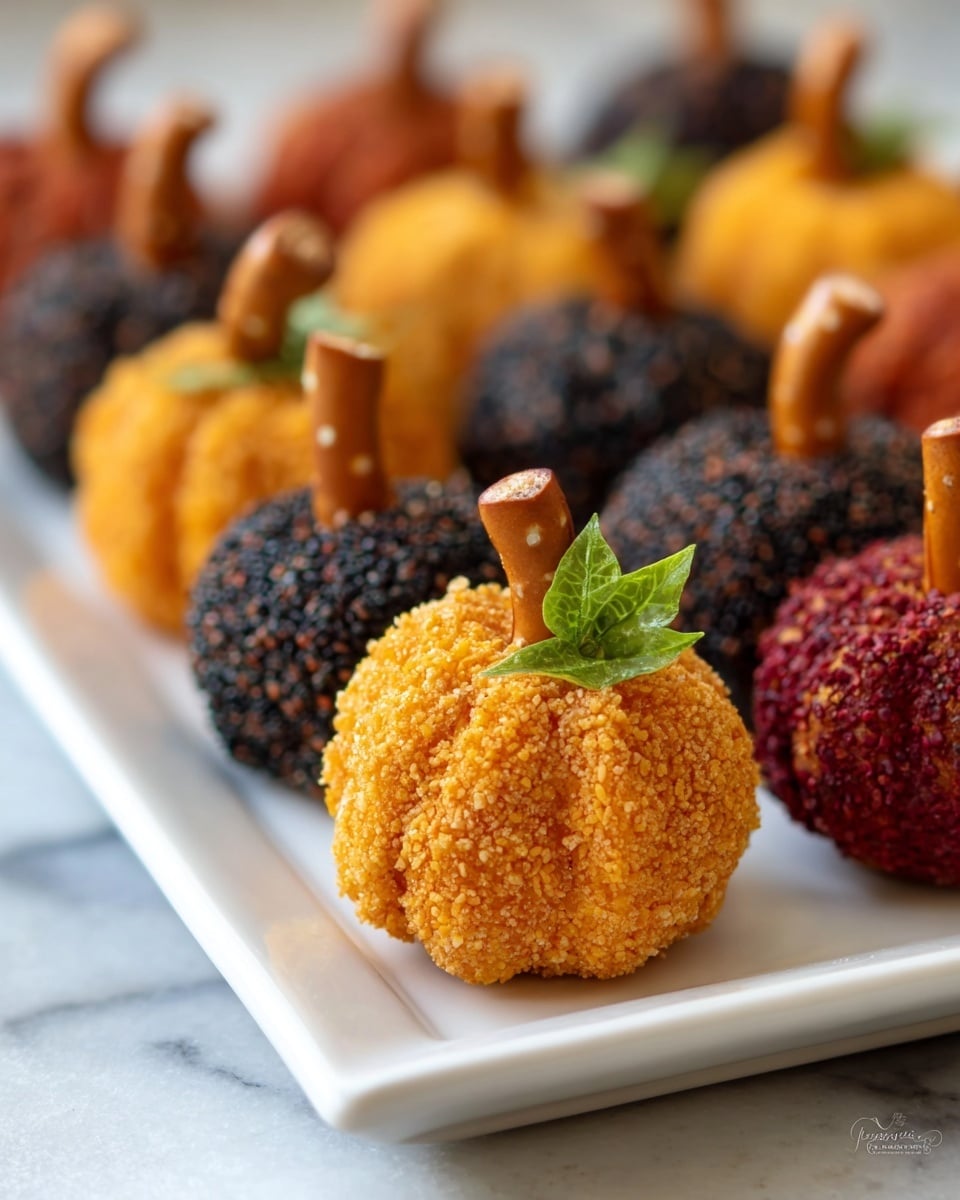 The image shows a close-up of small, round pumpkin-shaped cheese balls arranged in rows on a white plate over a white marbled surface. Each cheese ball is a different color and texture: one in the front is bright orange with a rough, crumbly texture, topped with a small pretzel stick as a stem and a green parsley leaf, the others behind it are dark coated with black and white sesame seeds, deep red coated in paprika-like powder, and yellow coated in a crumbly texture. The cheese balls are shaped with grooves to look like pumpkins, and the background is softly blurred to focus on the front orange pumpkin cheese ball. photo taken with an iphone --ar 4:5 --v 7