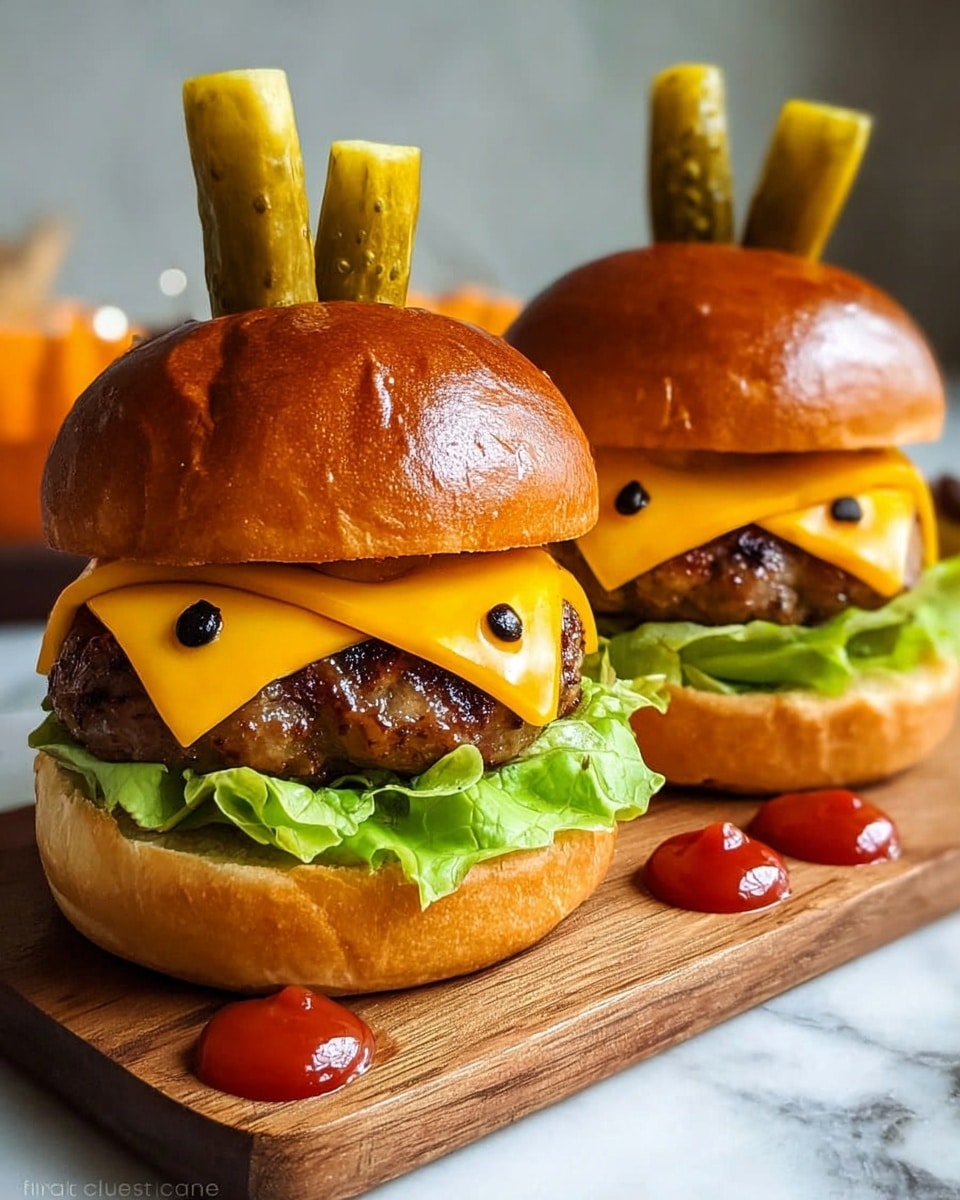 Three burgers are shown on a wooden cutting board over a white marbled surface. Each burger has a shiny orange bun top with two dark triangular shapes and one small triangle creating a jack-o'-lantern face. Inside, there is a layer of green lettuce, two brown patties, and melted yellow cheese between the patties. Each burger is held together with a rectangular orange toothpick on top. Small orange and red chili peppers are scattered around the cutting board. The background is softly blurred. photo taken with an iphone --ar 4:5 --v 7