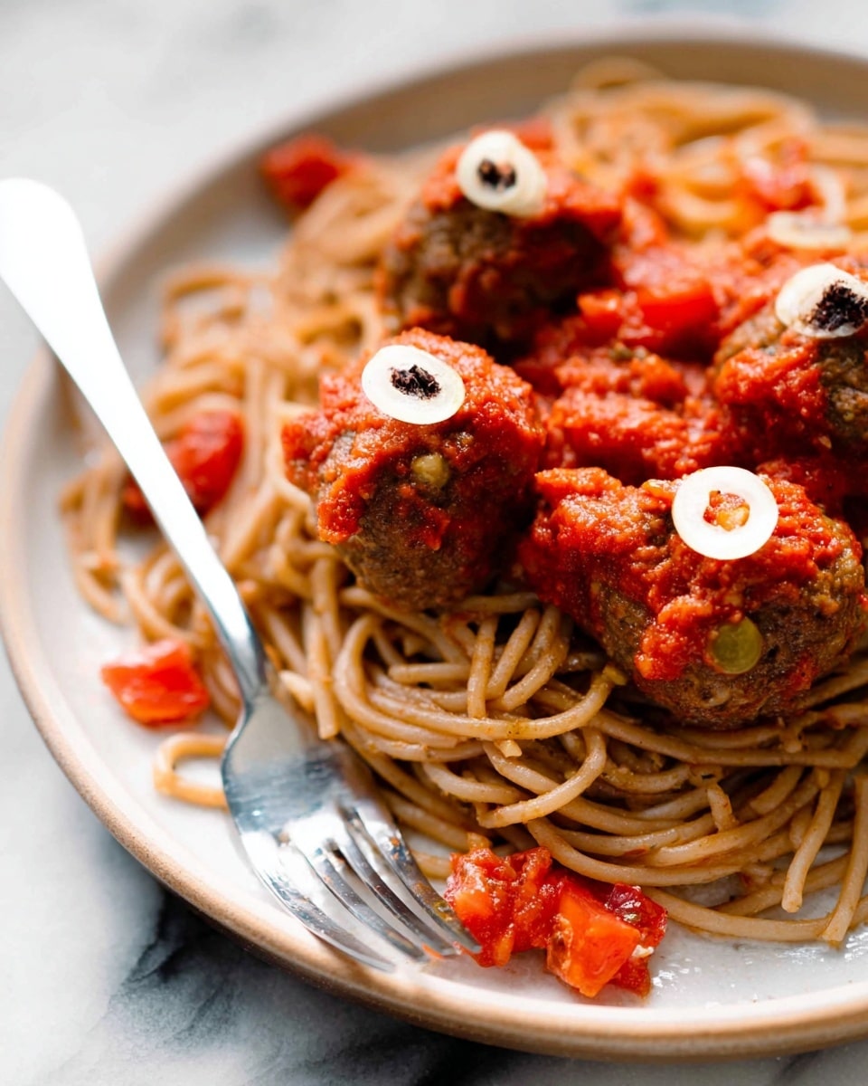 A white plate filled with a nest of cooked spaghetti pasta at the bottom, light brown in color with a slightly glossy texture. On top of the pasta are four meatballs, each one covered with a reddish tomato sauce, chunky with small tomato pieces visible. Each meatball has a thin, round white slice placed in the center on top, with a small dark red piece in the middle of the slice. A silver fork is seen resting on the plate’s edge among the pasta strands. The plate sits on a white marbled surface. photo taken with an iphone --ar 4:5 --v 7