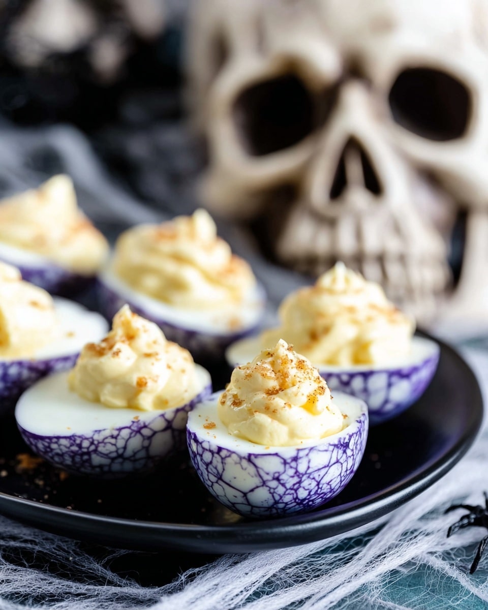 The image shows several halved eggs with a cracked purple and white shell pattern, each topped with a creamy, light yellow filling that is piped in a small mound and sprinkled with brown crumbs. The eggs are placed closely on a black dish, which rests on a white marbled surface with a loose, net-like fabric underneath. In the background, there is a blurry skull decoration adding a spooky theme to the scene. The photo taken with an iphone --ar 4:5 --v 7