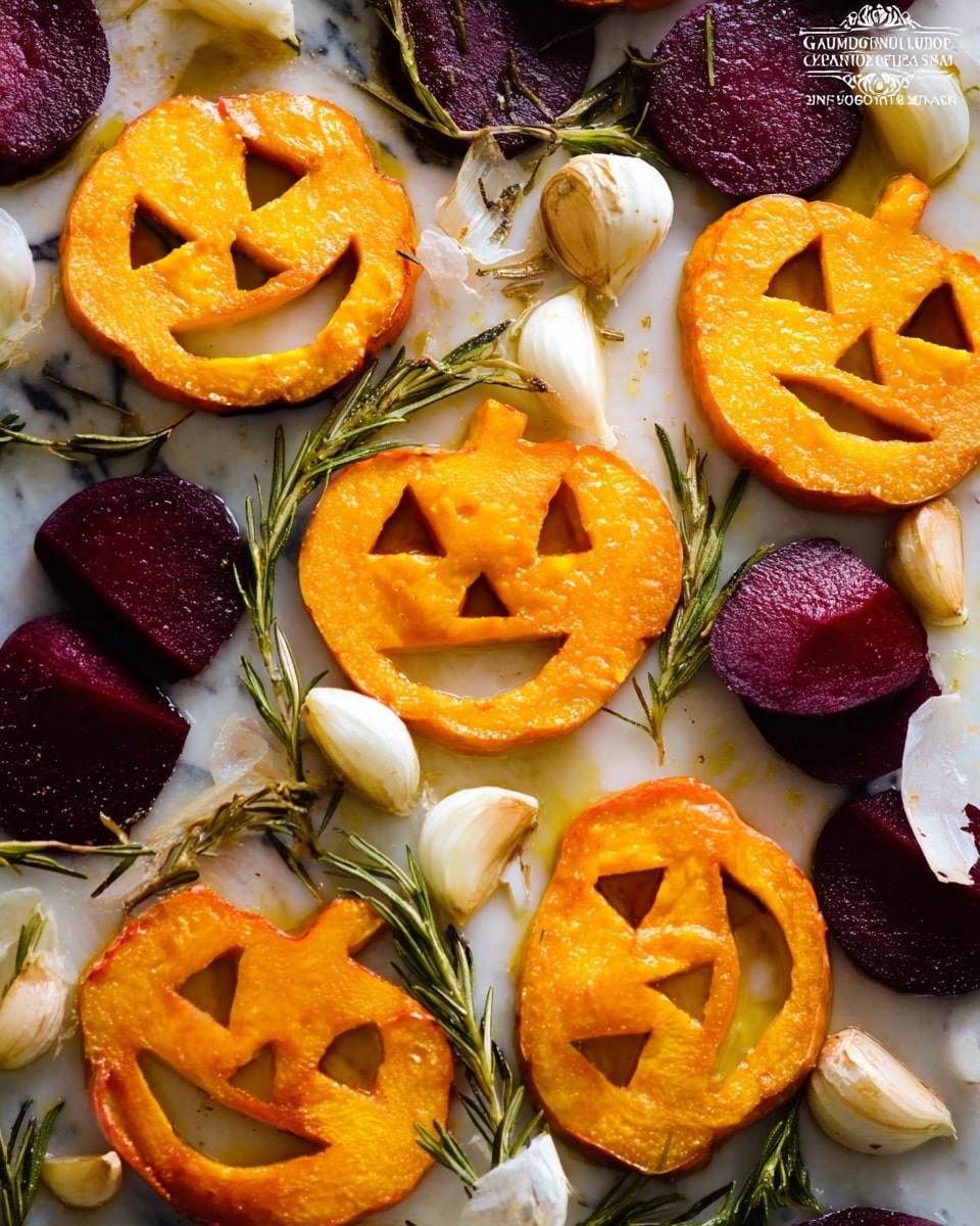 The image shows a white marbled surface with several slices of orange pumpkin carved into smiling jack-o'-lantern faces arranged in a scattered pattern. There are some deep red roasted beets with a glossy texture placed around the pumpkin slices. Whole garlic bulbs and peeled garlic cloves are randomly placed among the vegetables, with sprigs of fresh rosemary adding green accents. The whole scene is lightly drizzled with olive oil, which gives a shiny, slightly wet look to the surface and the vegetables. photo taken with an iphone --ar 4:5 --v 7