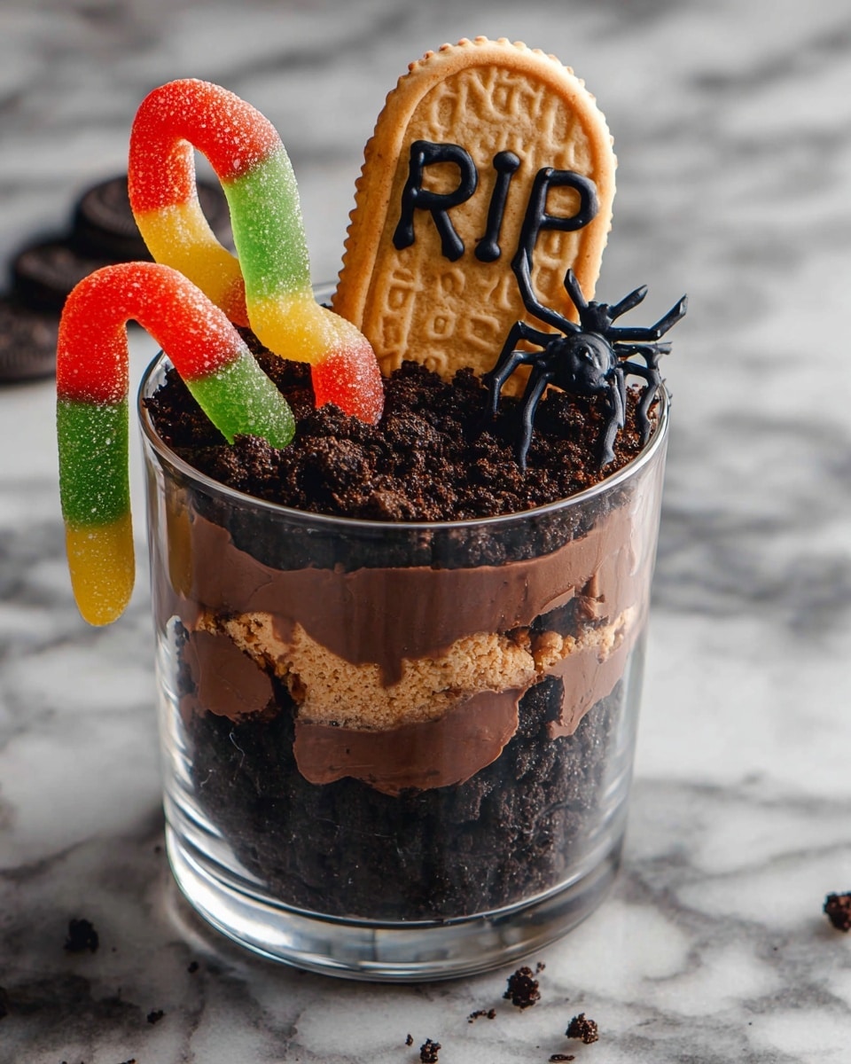The image shows a clear glass cup with three layers: a bottom layer of dark crushed cookie crumbs, a middle layer of smooth chocolate mousse, and a top layer of more dark crushed cookie crumbs. Two gummy worms, one red-green and one yellow-orange, stick out from the sides near the top. A small cookie shaped like a tombstone with