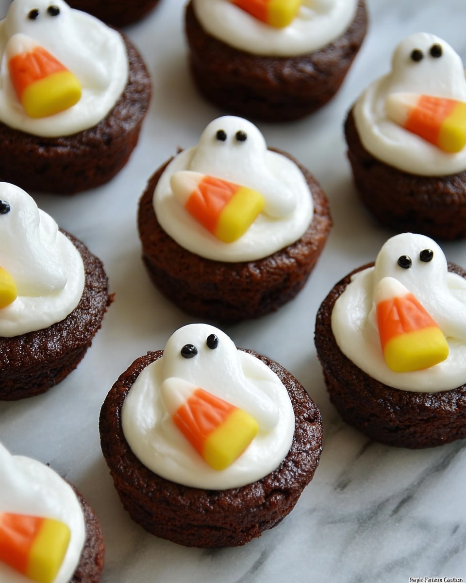 A white, ornate tray holds a neat arrangement of small brown cake bites, each topped with a swirl of white frosting. On top of each frosting swirl sits a small candy shaped like a duck or ghost, featuring a yellow bottom and white top with small black eyes. The tray is placed on an orange tablecloth with black spider web patterns, adding a Halloween theme. In the background, there is a dark decorative house with lit windows and a small stack of napkins with the word