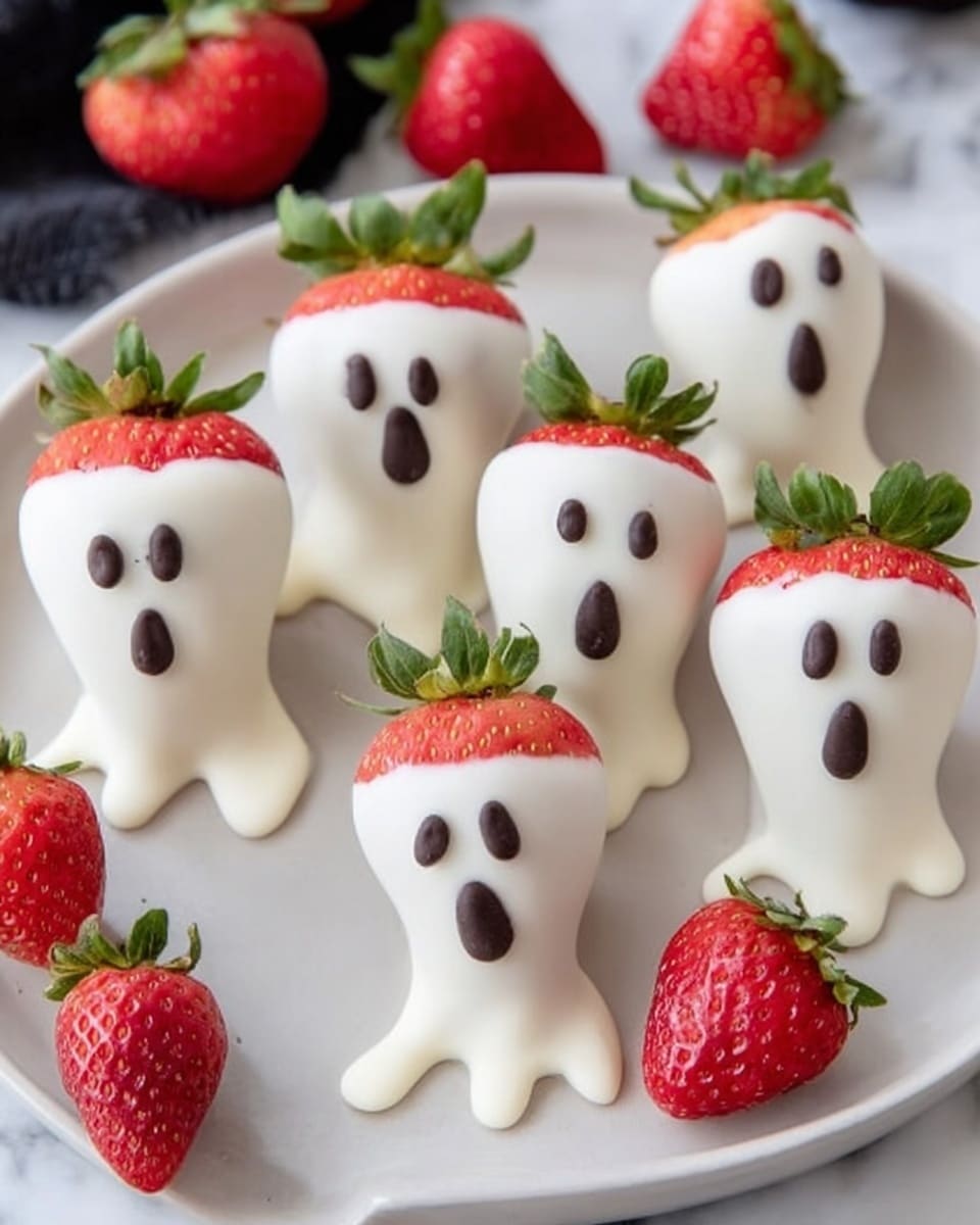 A black plate holds six strawberries dipped in white coating that drips down the sides, making each look like a little ghost with a tapered tail. Each strawberry has green leaves on top and two small dark spots for eyes, plus a larger dark spot below for a mouth, creating a surprised ghost face. Fresh, plain red strawberries are scattered around the plate on a white marbled textured surface with some white web-like decoration underneath. The contrast between the bright red strawberries, white coating, and dark facial details makes the scene playful and spooky. photo taken with an iphone --ar 4:5 --v 7