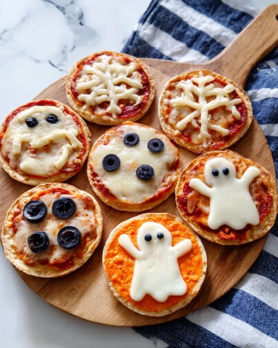 Six small round pizzas are placed on a wooden pizza board with a handle, all on a white marbled surface with a blue and white striped cloth underneath. Each pizza has a base layer of red tomato sauce and melted white cheese on top, shaped in various Halloween-themed forms: a spider made from black olive slices on one, a ghost shape on another with two olive eyes, a pumpkin face with black olive eyes and a mouth, a ghost with two olive eyes in the middle, a jack-o-lantern face with green and orange toppings, and a crisscross pattern of cheese strips on the last one. The pizzas have a golden-brown crust and an overall cozy, festive look. Photo taken with an iphone --ar 4:5 --v 7