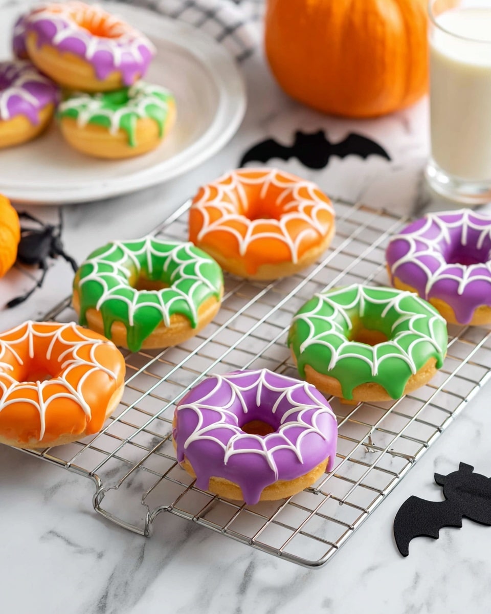 The image shows seven donuts on a gold cooling rack placed over a white marbled surface. Each donut has a smooth icing layer in three colors: purple, orange, and green, with white spiderweb designs piped on top of the icing. The donuts are arranged in a casual pattern, with three purple, two orange, and two green donuts. Around the rack, there are small black felt decorations shaped like a spider and a bat, adding a Halloween theme. In the background, there is a white plate with another purple iced donut, an orange pumpkin, and a glass of milk. Photo taken with an iphone --ar 4:5 --v 7