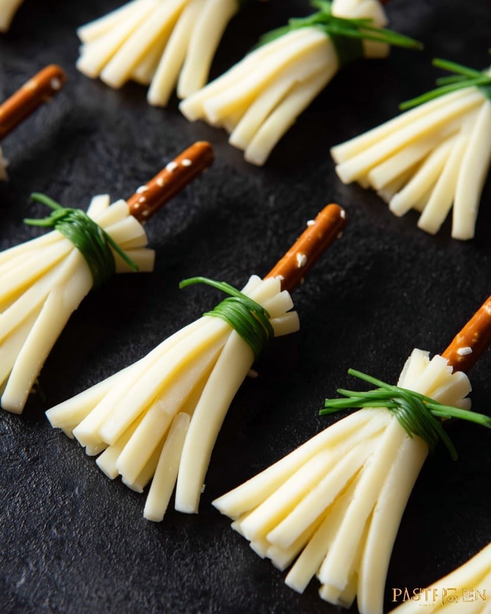The image shows small broom-shaped snacks arranged on a black surface. Each broom has a light brown pretzel stick as the handle, attached to the broom part made from white strips that look like cheese or a similar soft material. The strips are tied near the top with a thin green strand, possibly chive, to hold them in place. There are several brooms spread out in a loose pattern. The background is black, making the white strips and green ties stand out clearly. photo taken with an iphone --ar 4:5 --v 7
