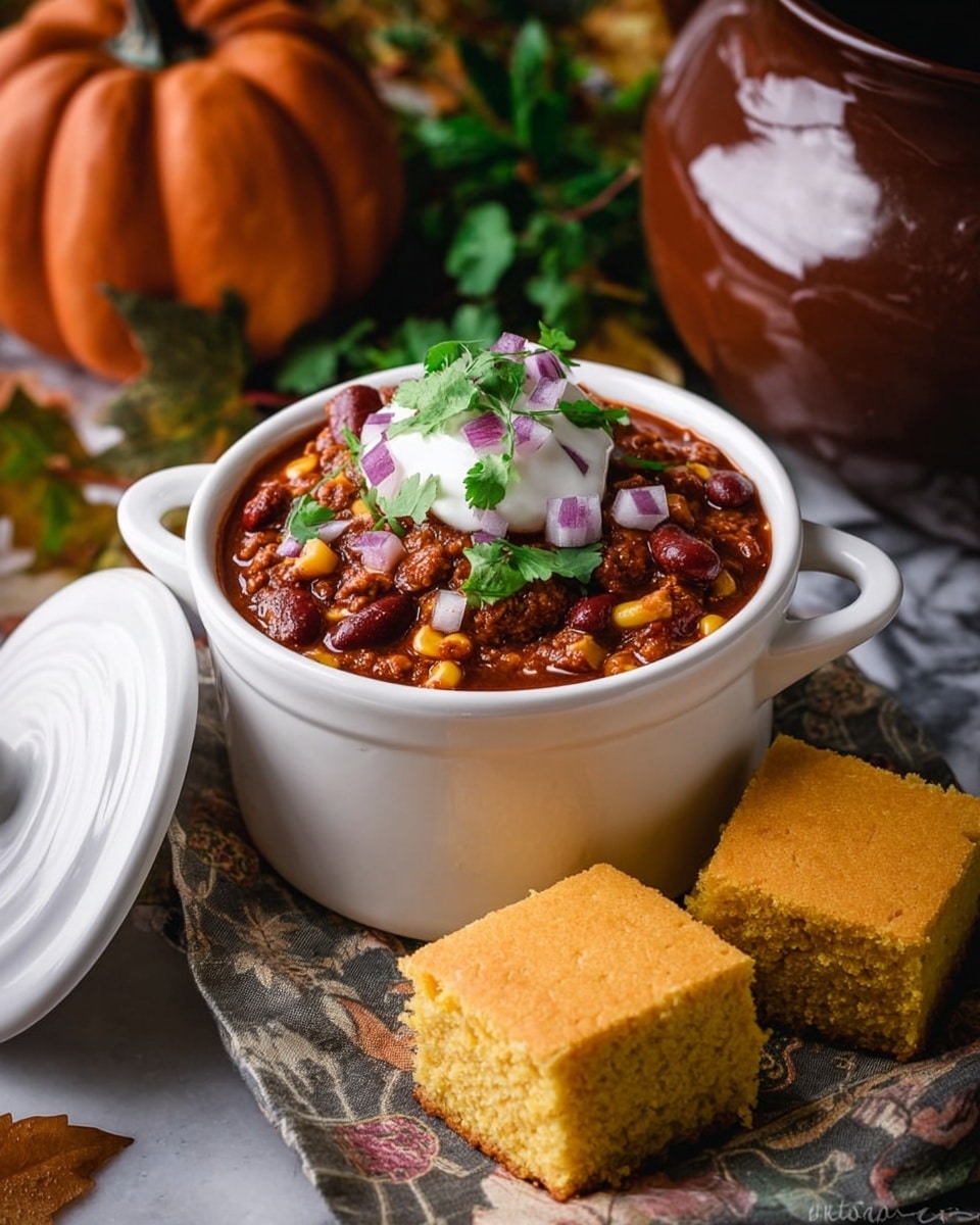A white lidded bowl shaped like a pumpkin is filled with three layers: the bottom layer is a thick stew of red sauce mixed with beans, corn, ground meat, and small vegetable pieces in varied brown, yellow, and red tones; on top of this is a smooth dollop of white sour cream; above the sour cream are small purple onion pieces and green cilantro leaves sprinkled as garnish. The bowl sits on a beige cloth beside broken pieces of golden cornbread, with a dark brown spoon and fork nearby. A large orange pumpkin-shaped container is in the background, all set on a white marbled surface. photo taken with an iphone --ar 4:5 --v 7