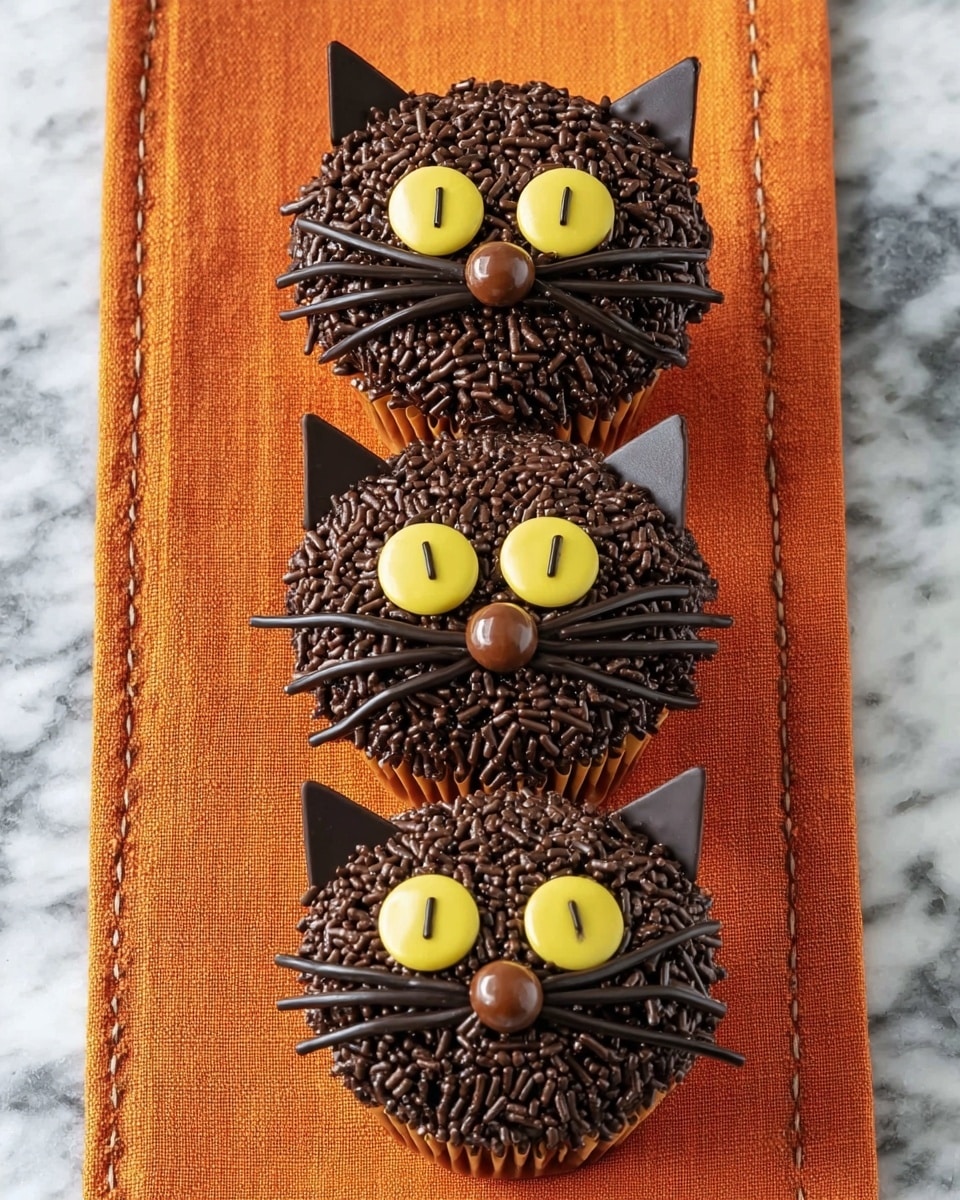 Three round chocolate cupcakes covered with dark brown chocolate sprinkles are placed vertically on an orange cloth over a white marbled surface. Each cupcake is decorated to look like a black cat's face with two dark brown triangular chocolate ears at the top, two yellow candy eyes with a black line through the center, a round chocolate candy nose, and three thin black licorice whiskers on each side of the nose. The colors are mainly dark brown, yellow, and black, with the orange cloth adding a bright contrast. Photo taken with an iphone --ar 4:5 --v 7