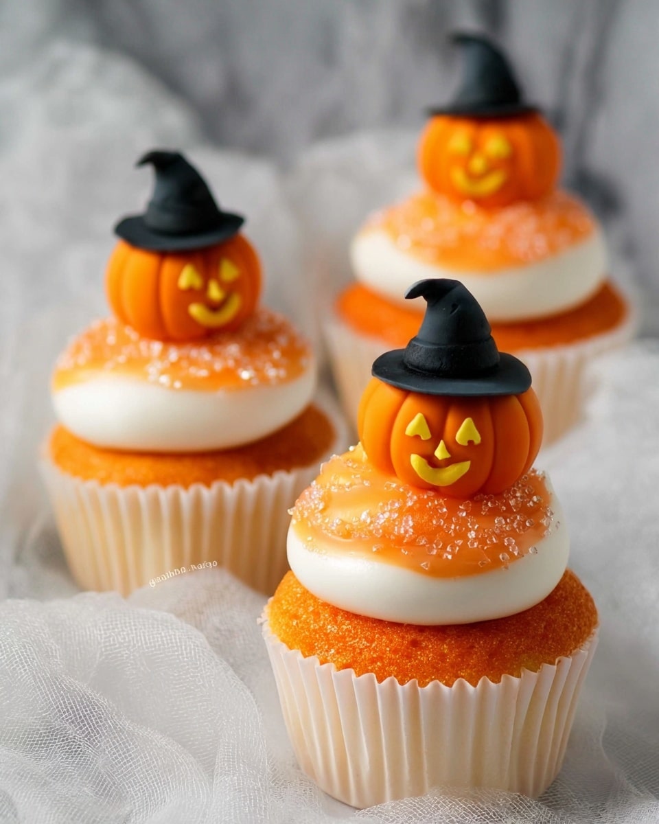Three cupcakes sit on white marbled texture, each decorated with a layer of orange cake in white paper wrappers. Each cupcake has a thick top layer of smooth white frosting, with a section sprinkled with bright orange sugar crystals on one side. On top of each cupcake is a small, detailed decoration shaped like a smiling jack-o'-lantern pumpkin wearing a black witch hat. The background is soft white cloth with a net-like texture, blurred slightly to highlight the cupcakes. photo taken with an iphone --ar 4:5 --v 7