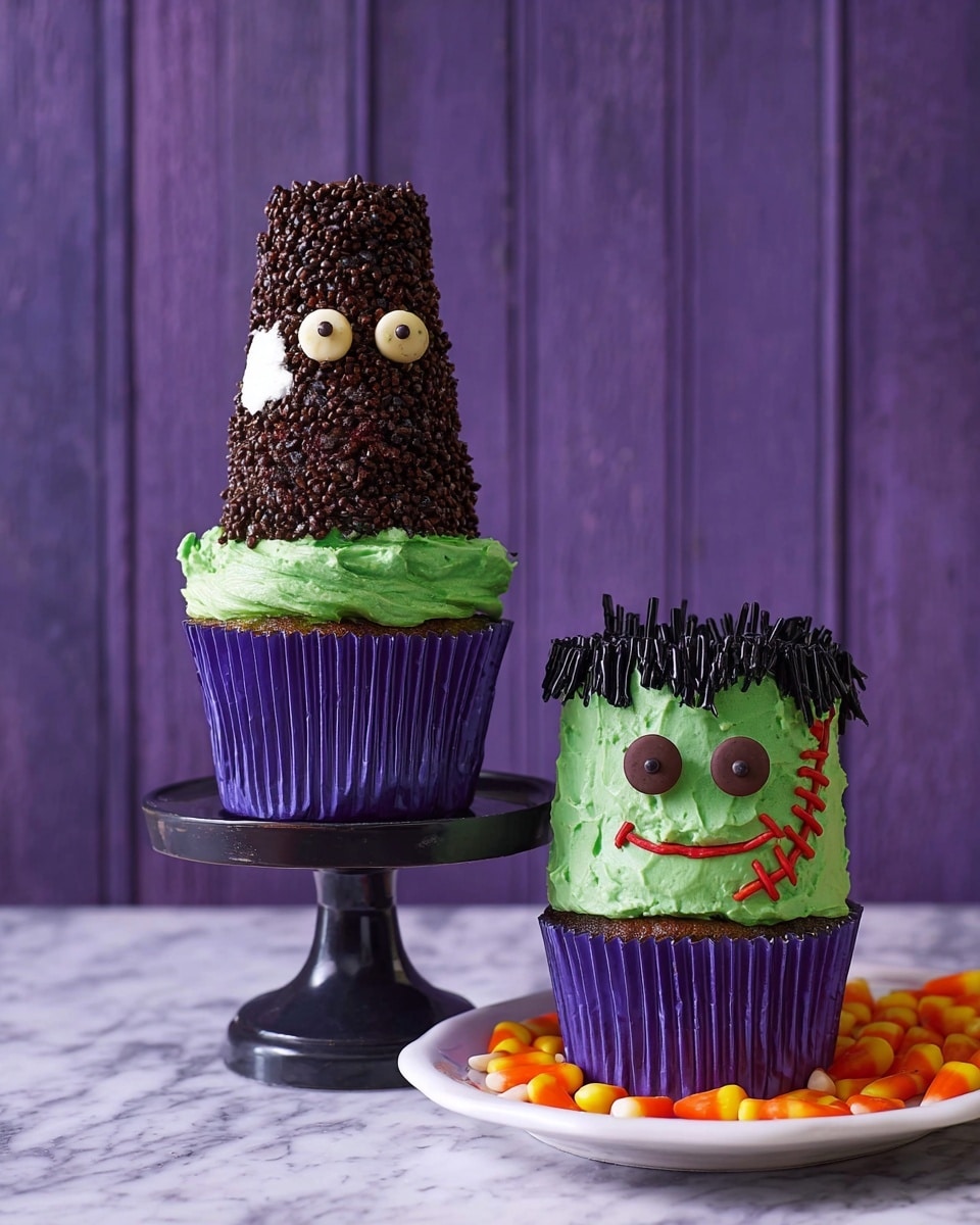 Two cupcakes with purple wrappers sit on a white plate filled with orange candy. The cupcake on the left is stacked taller with a cone-shaped top covered in dark brown chocolate sprinkles, with a patch of white coconut flakes. Its lower half is covered in smooth green frosting with two round brown candies as eyes and a small red smile below. The cupcake on the right is shorter and wider, with a flat top also covered in chocolate sprinkles and vertical black lines of chocolate on the front top edge. It has green frosting all around, two brown candies for eyes, a black smile, and red lines on one side resembling stitches. Two black licorice sticks are placed on each side as bolts. The background is a dark purple wood texture, and the surface is a white marbled texture. Photo taken with an iphone --ar 4:5 --v 7
