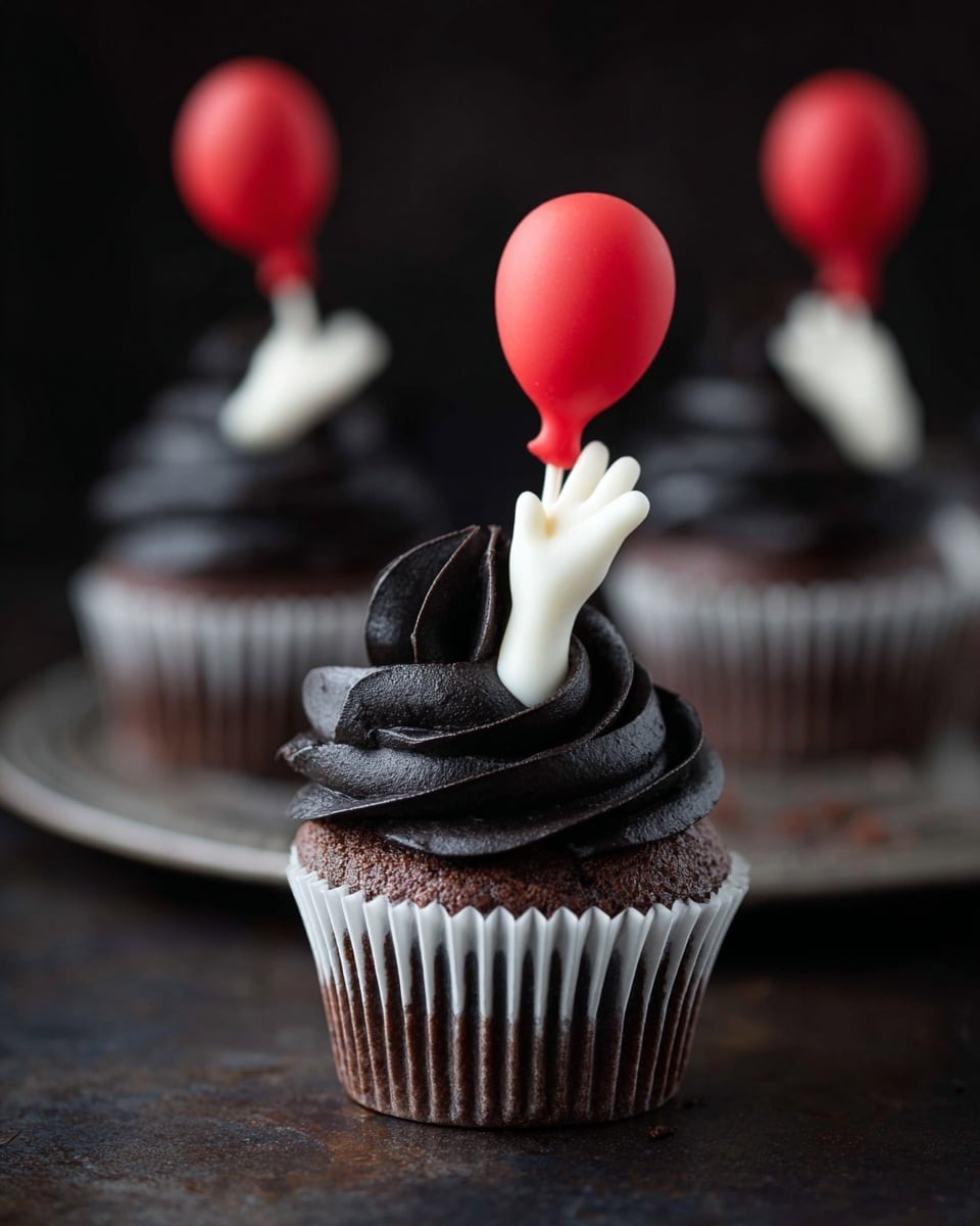 The image shows a close-up of a chocolate cupcake in a black wrapper, topped with smooth black frosting that is swirled in a circular pattern. On the frosting, there is a white sugar decoration shaped like a small bent arm with a detailed hand reaching up. The hand is holding a white stick with a bright red balloon-shaped decoration on top. The cupcake is placed on a dark surface with a blurred background, where other similar cupcakes can be seen. The photo taken with an iphone --ar 4:5 --v 7