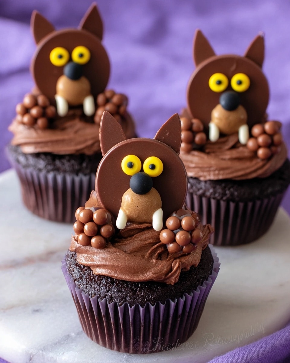 Three chocolate cupcakes are topped with dark brown, textured frosting shaped like wolf faces with pointy ears. Each wolf face has two yellow candy eyes with black centers, a round black nose, and small white candy teeth. Behind each wolf head is a large, smooth, white circular disc. The cupcakes have two round chocolate balls on the frosting front, with a small white candy shaped like a bone between them. The cupcakes are wrapped in dark brown paper liners, placed on a white marbled surface with a blue and purple blurred background. photo taken with an iphone --ar 4:5 --v 7