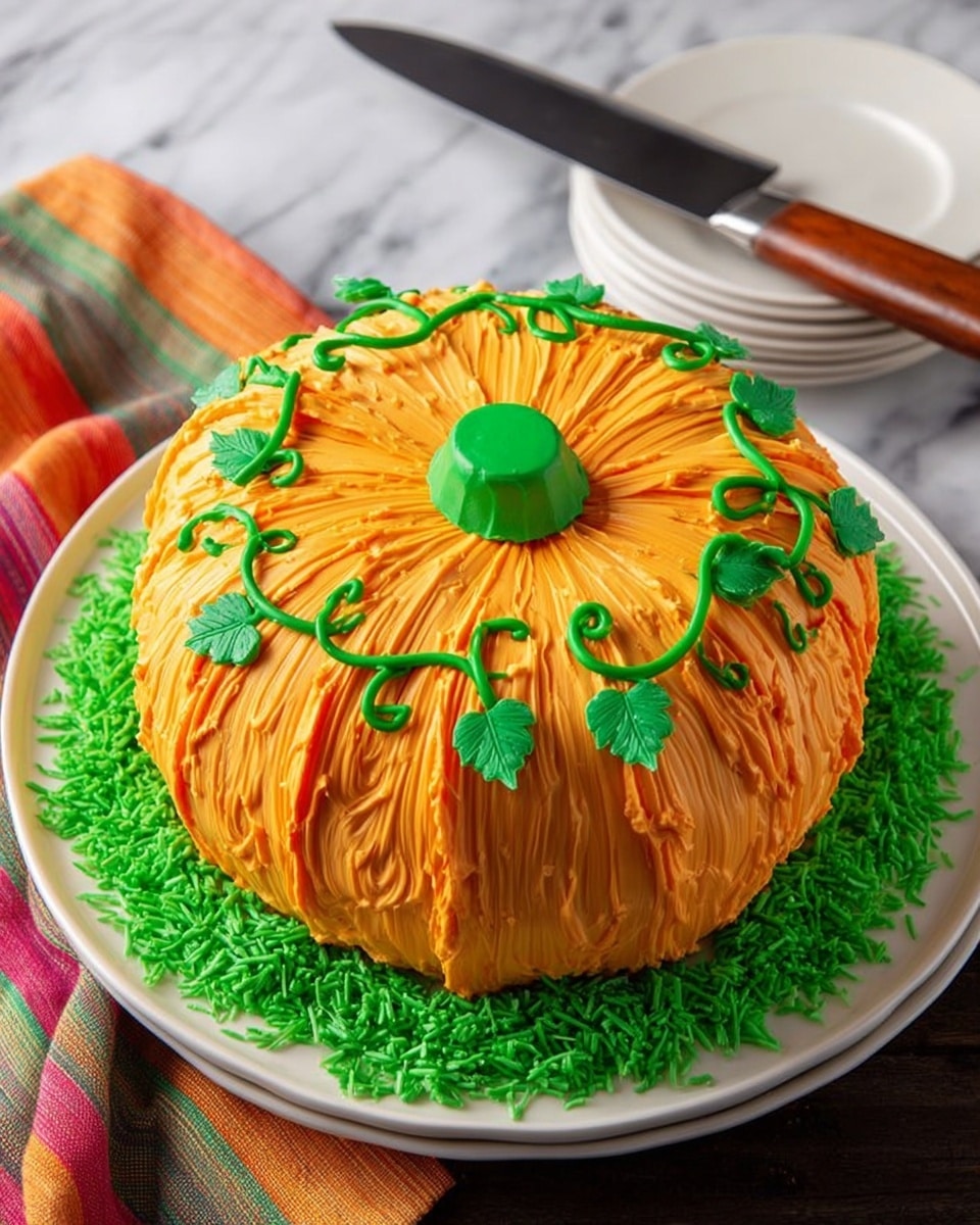 This image shows a round cake shaped like a pumpkin with bright orange frosting covering the whole outer layer, textured with vertical ridges to mimic the pumpkin’s natural lines. In the center top of the cake, there is a small green circular section representing the pumpkin stem, topped with smooth, shiny green frosting. Around this green center, green frosting vines and leaves swirl in a decorative pattern, adding details to the pumpkin look. The cake sits on a white plate surrounded by a ring of bright green shredded coconut or similar decoration, resembling grass. The setting is on a dark wooden surface with a folded orange and yellow plaid cloth nearby. Photo taken with an iphone --ar 4:5 --v 7