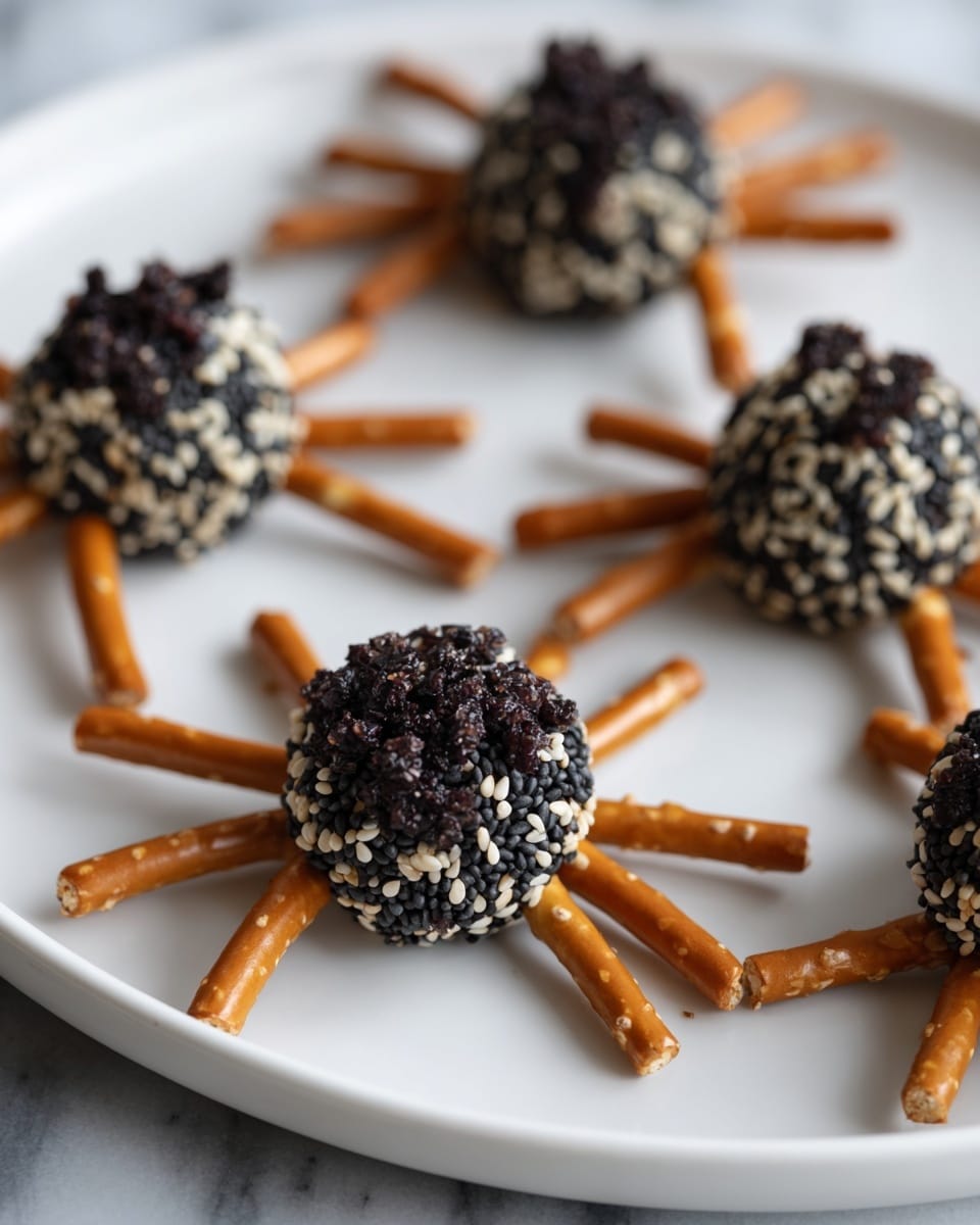 The image shows a white marbled board topped with clusters of light green grapes in the center, surrounded by black cheese balls coated with white sesame seeds, each with 8 pretzel sticks inserted around them to look like spider legs. The cheese balls vary in size with some placed directly on the board and others on the grapes. The board sits on a black sheer cloth. Around the board on the white marbled surface, there are small black plastic spiders scattered. In the background, there are clear water glasses, white plates with gold cutlery, and a silver skull decoration. Photo taken with an iphone --ar 4:5 --v 7