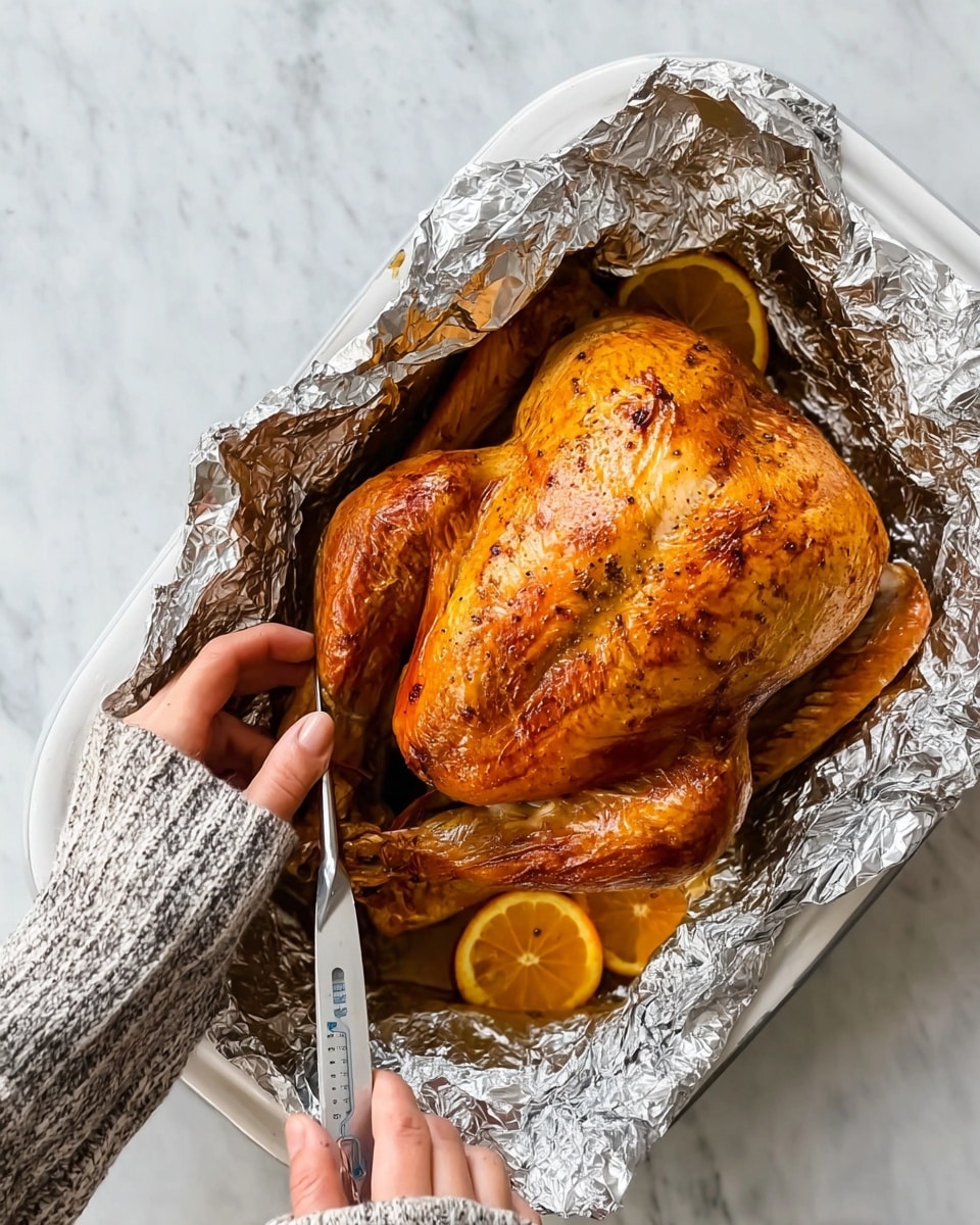 A golden brown roasted turkey is placed in the center on a bed of crinkled silver foil inside a white marbled background. The turkey has a shiny, crispy skin with two orange slices tucked under its tied legs at the bottom. One woman's hand with a gray and white striped oven mitt is holding the foil on the left side, while the other woman's hand on the right is holding a digital thermometer inserted into the turkey's thickest part. The overall scene is bright and clean, highlighting the warm, cooked turkey in the shiny foil. photo taken with an iphone --ar 4:5 --v 7